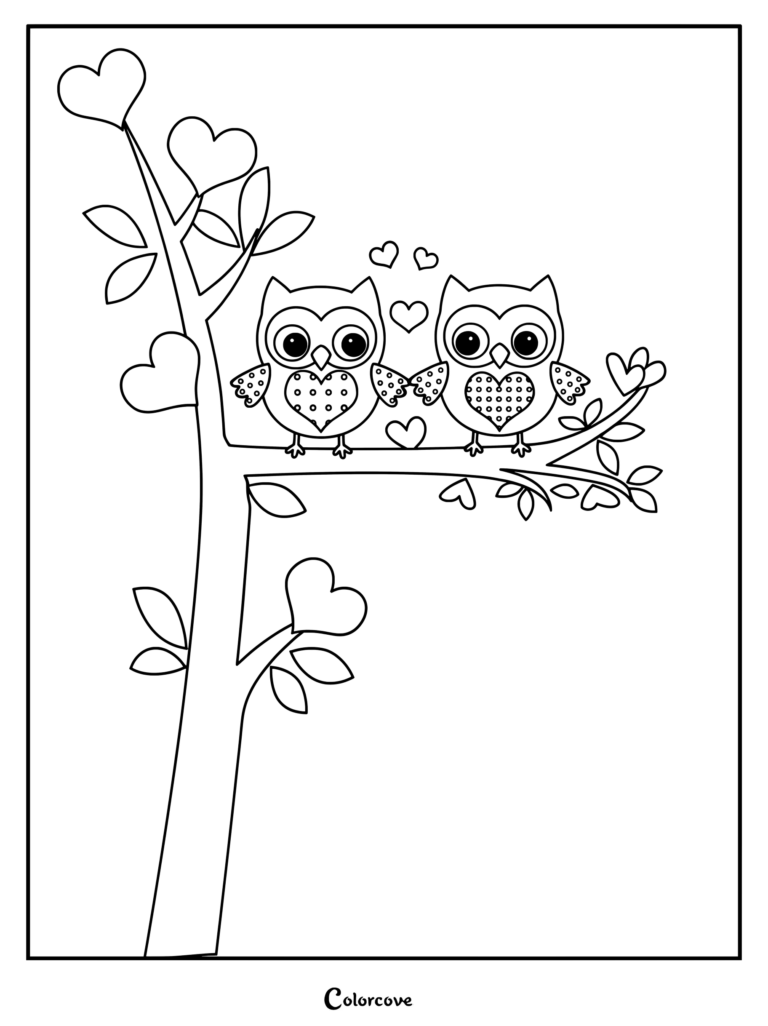 Two cute owls holding wings together on a tree branch surrounded by hearts coloring page