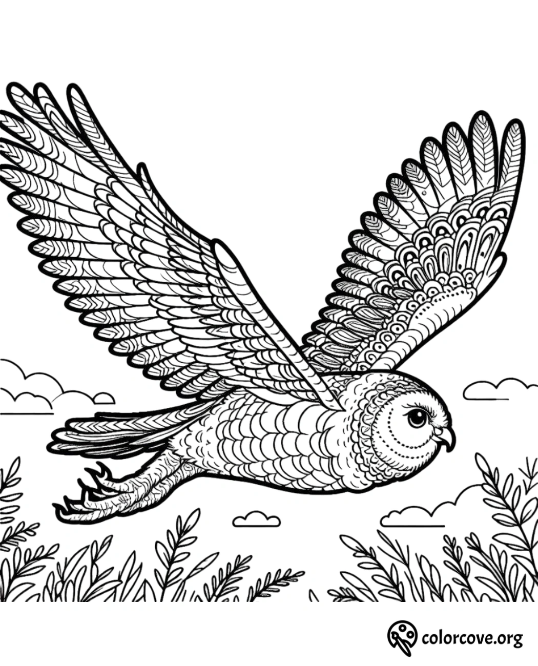 a black and white drawing of an owl flying