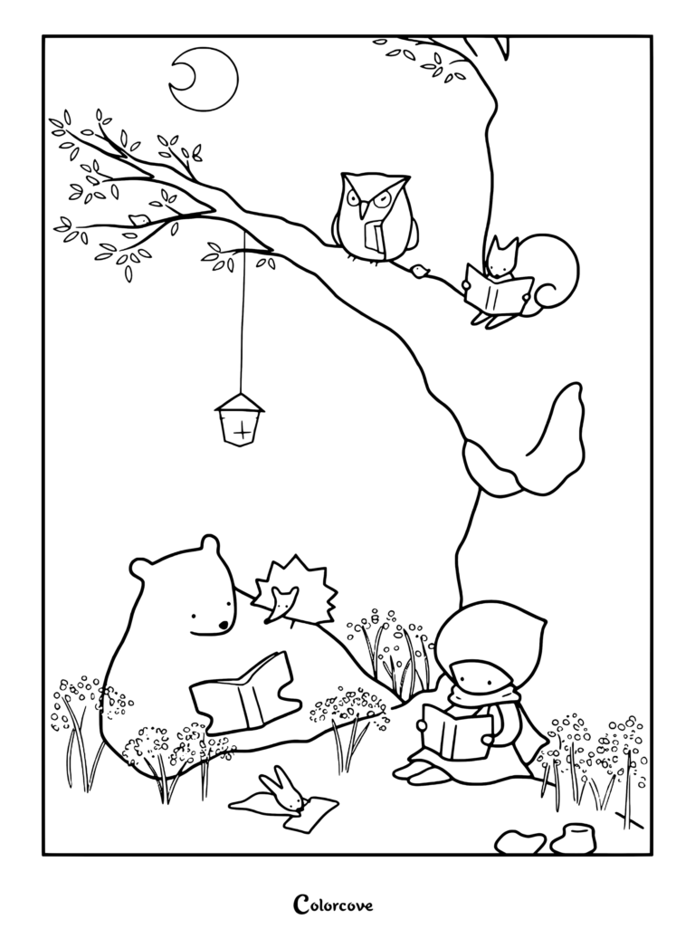 Owl sitting on a tree branch while forest animals and a hooded figure read books in a woodland setting coloring page
