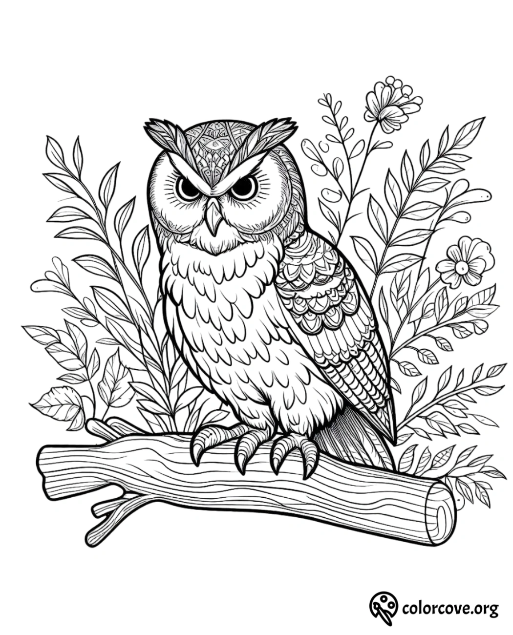 a black and white drawing of an owl on a branch