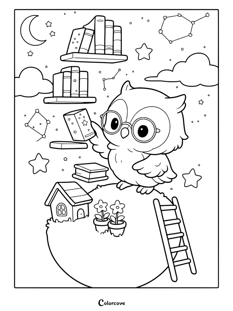 A cute owl wearing glasses picking a book from floating shelves in a starry night sky coloring page