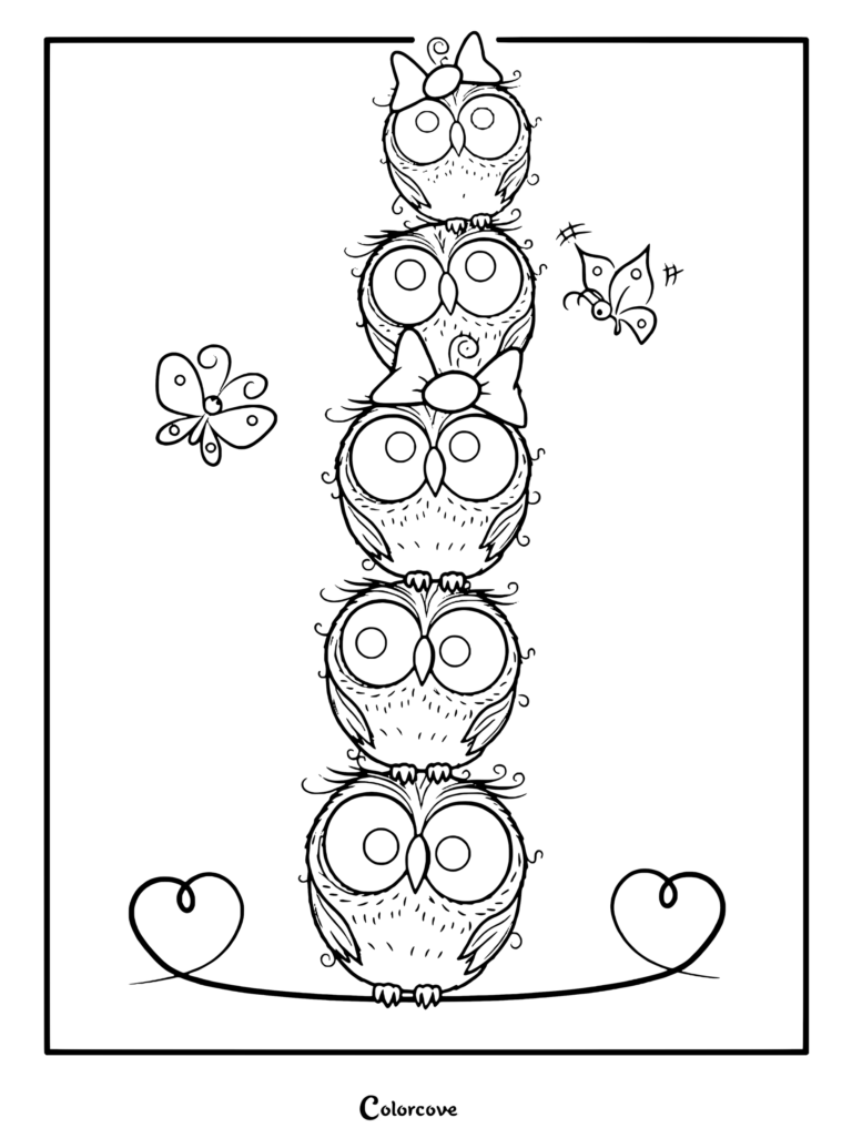 A vertical stack of five cute owls with butterflies and hearts coloring page