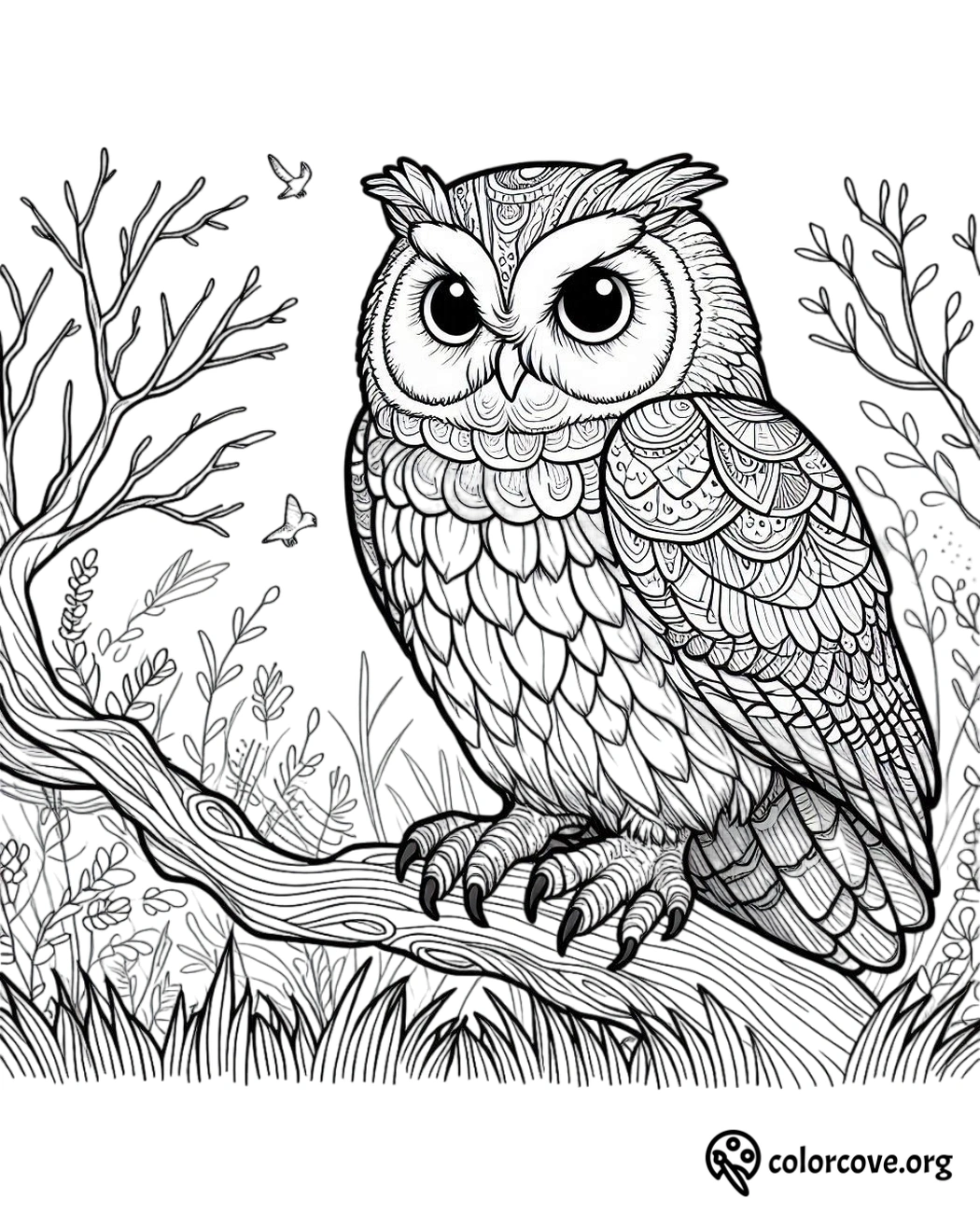 a black and white drawing of an owl on a branch