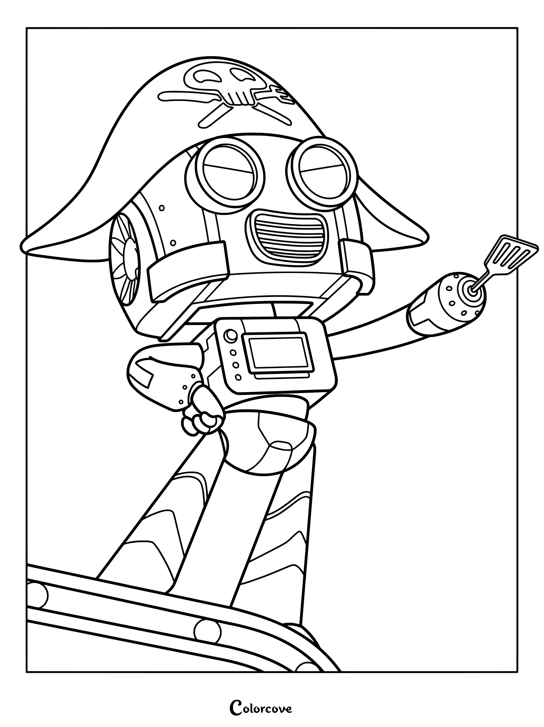 Dibujo de PJ Masks para colorear con el Robot Pirata con sombrero de pirata, gafas y una espátula