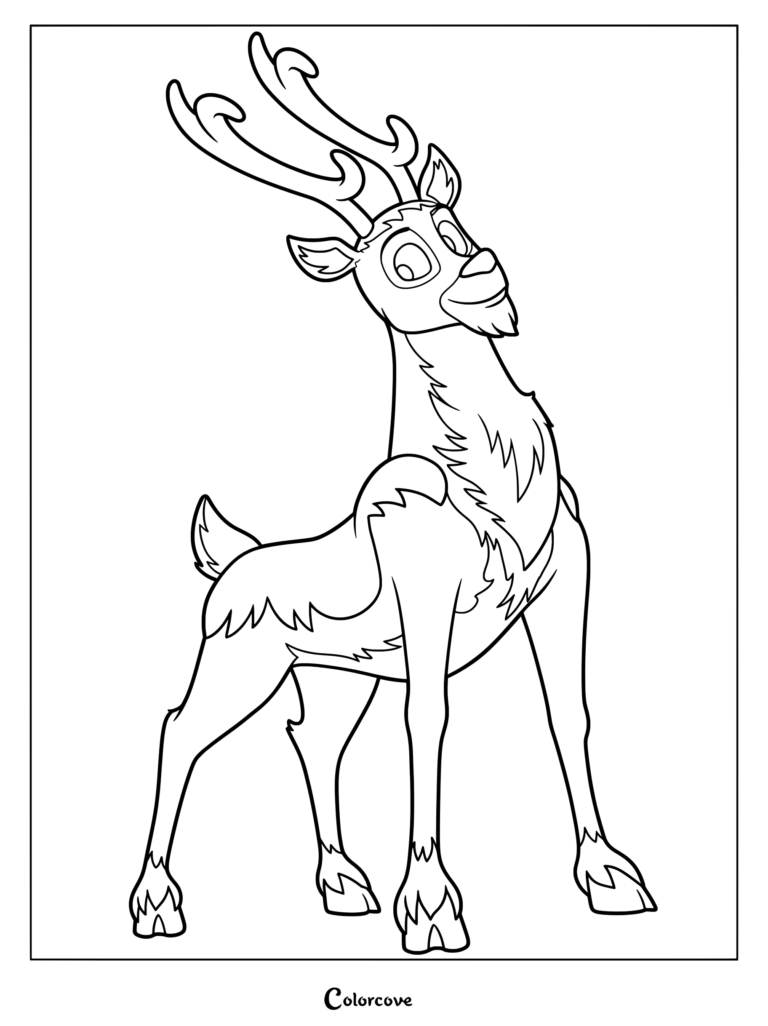 Dibujo para colorear e imprimir del Reno de PJ Masks con un simpático animal de pie orgullosamente