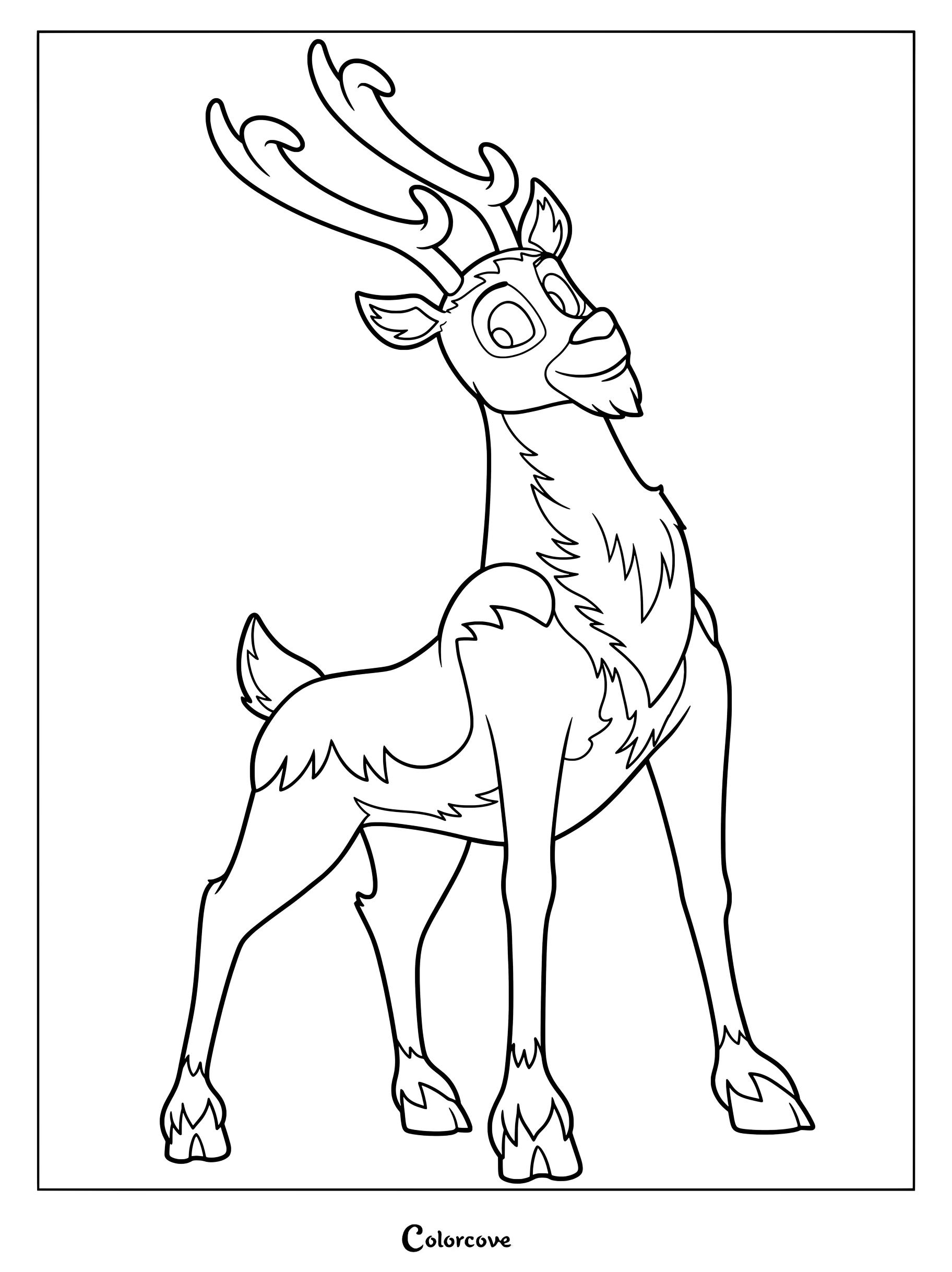 Dibujo para colorear e imprimir del Reno de PJ Masks con un simpático animal de pie orgullosamente