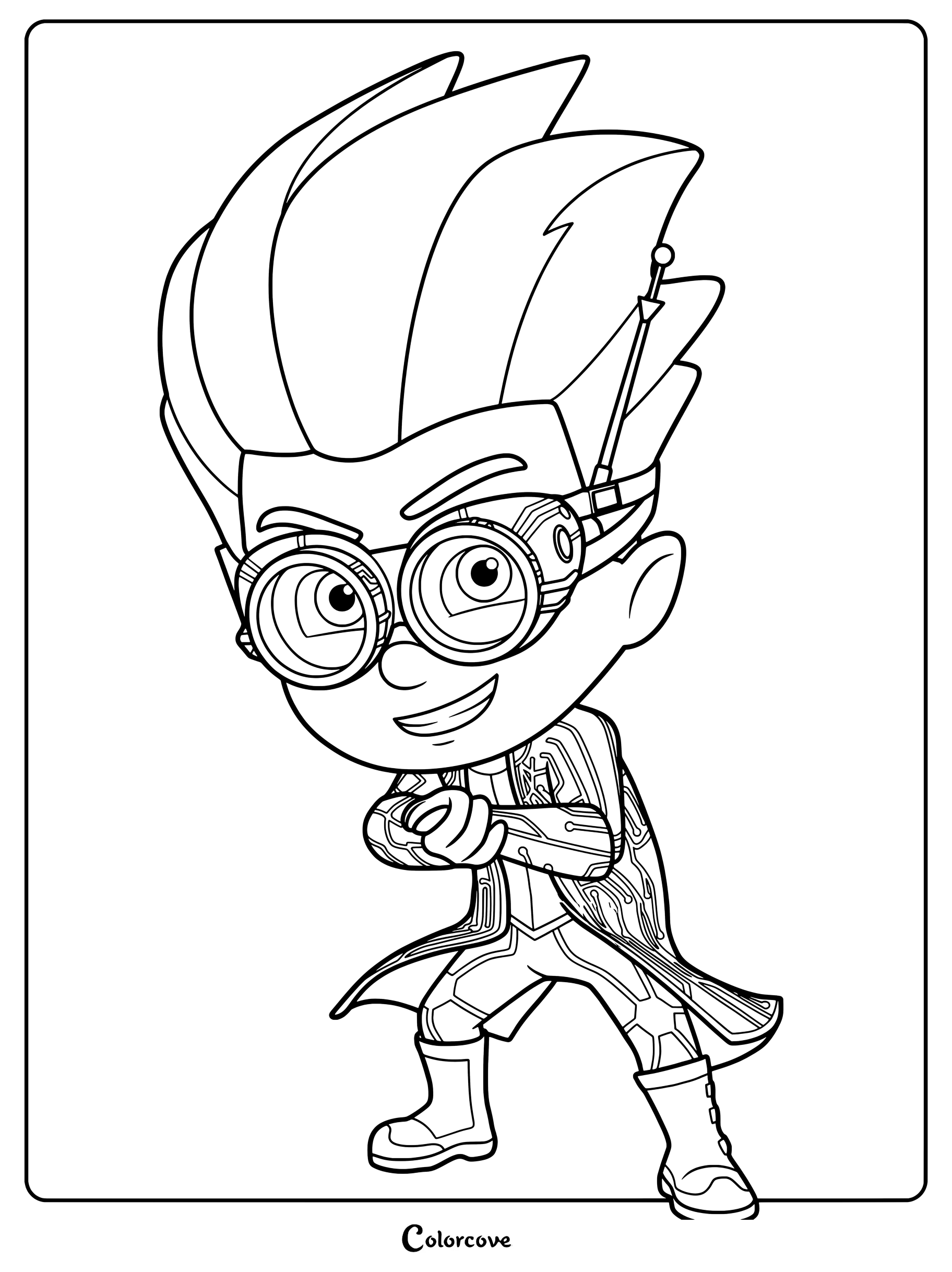 Dibujo para colorear de Romeo, el científico loco de PJ Masks, llevando gafas de protección y bata de laboratorio