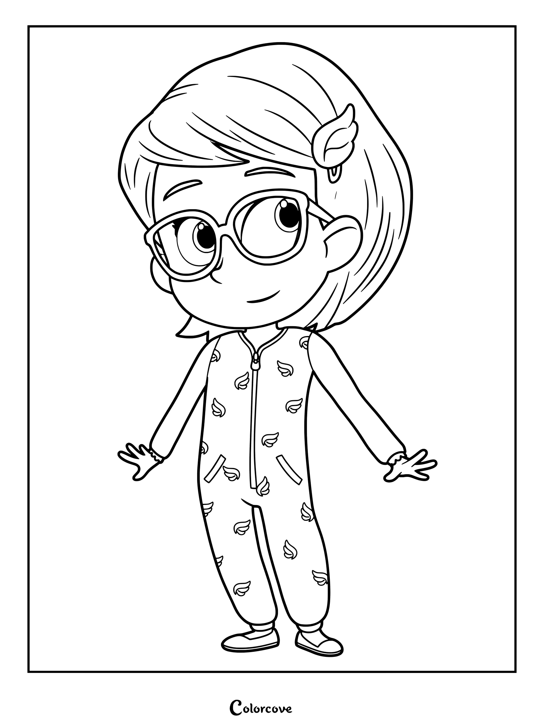Dibujo para colorear de Amaya de PJ Masks con pijama rosa, gafas y una pequeña horquilla con pluma.
