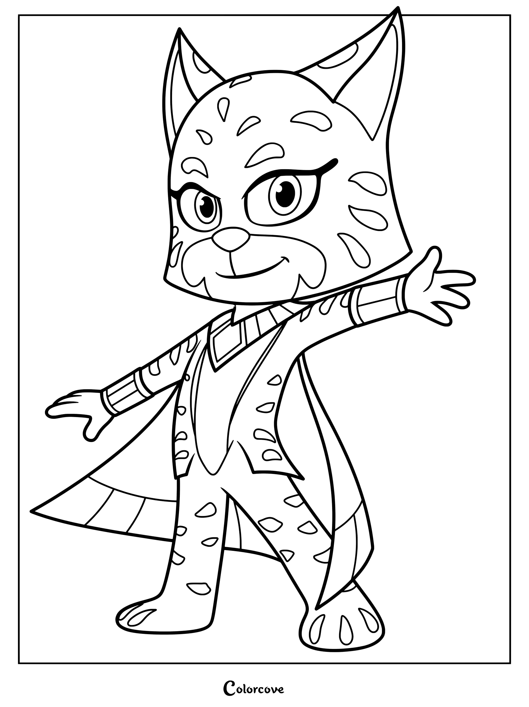Dibujo para colorear de Bastet, la Gata del Sol, de PJ Masks con los brazos extendidos