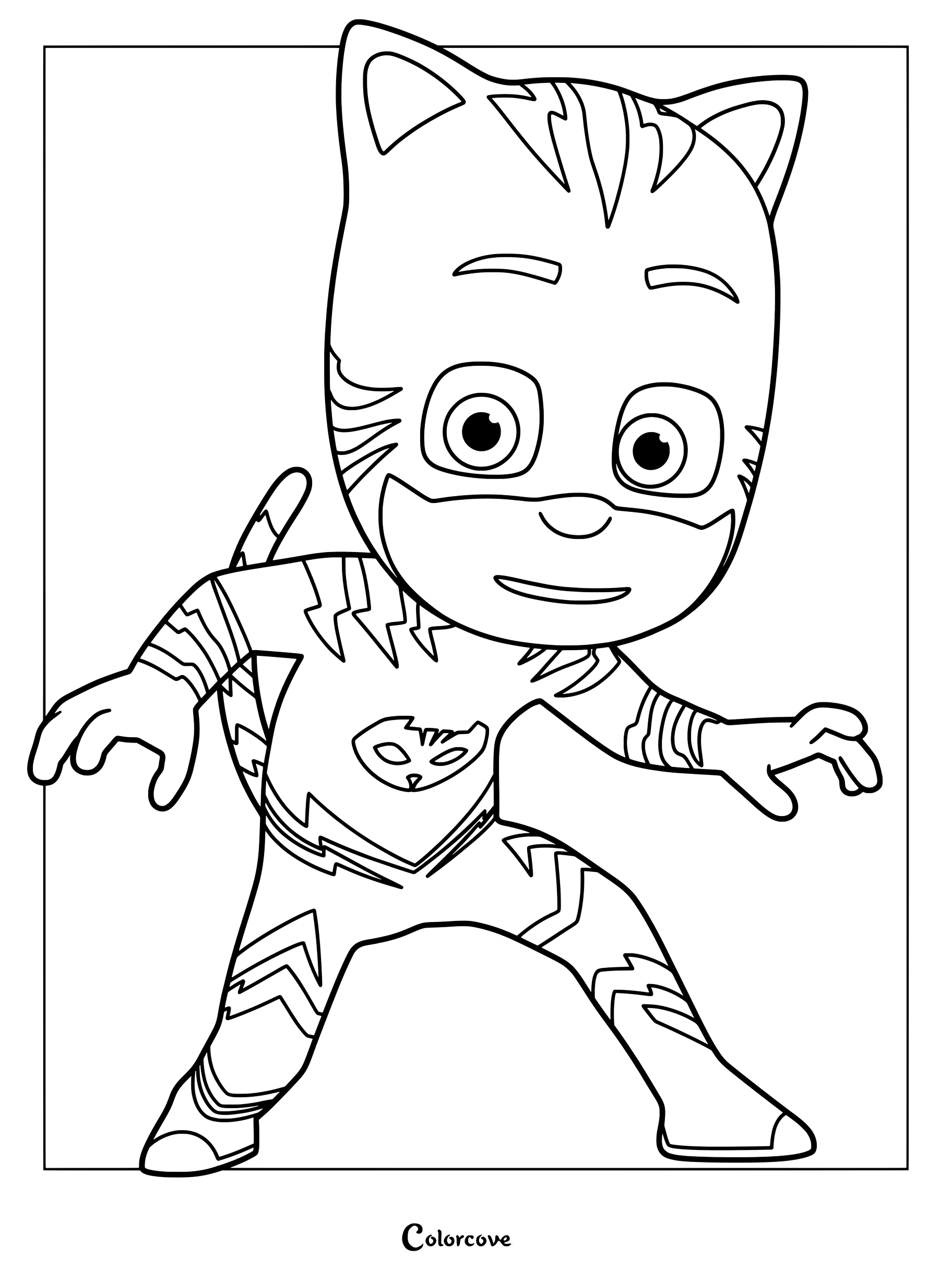 Dibujo para colorear de Gatuno, el líder del equipo de superhéroes inspirado en un gato azul de la serie animada PJ Masks.