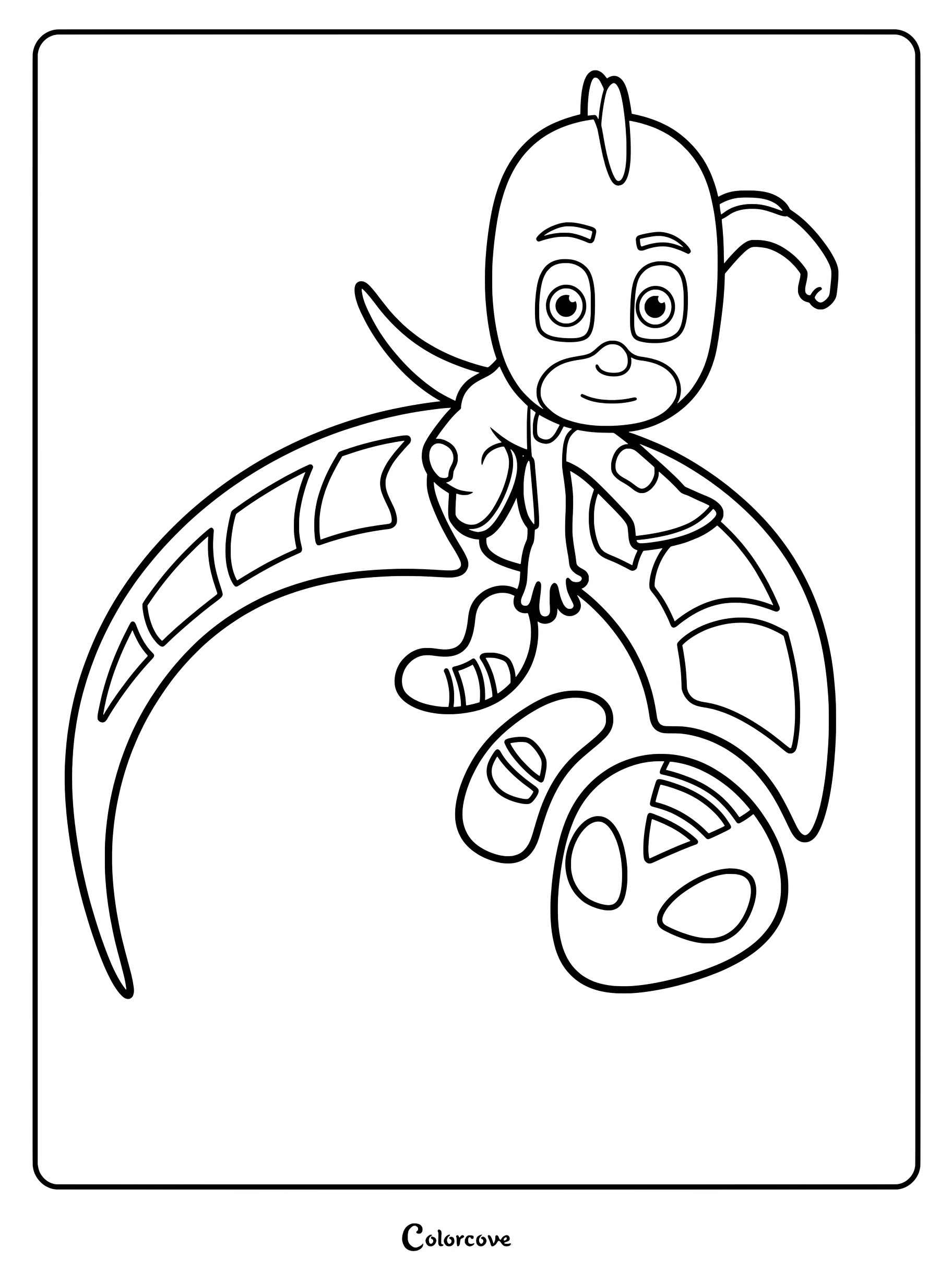 Dibujo para colorear de Gekko de la serie animada PJ Masks durante su secuencia de transformación.