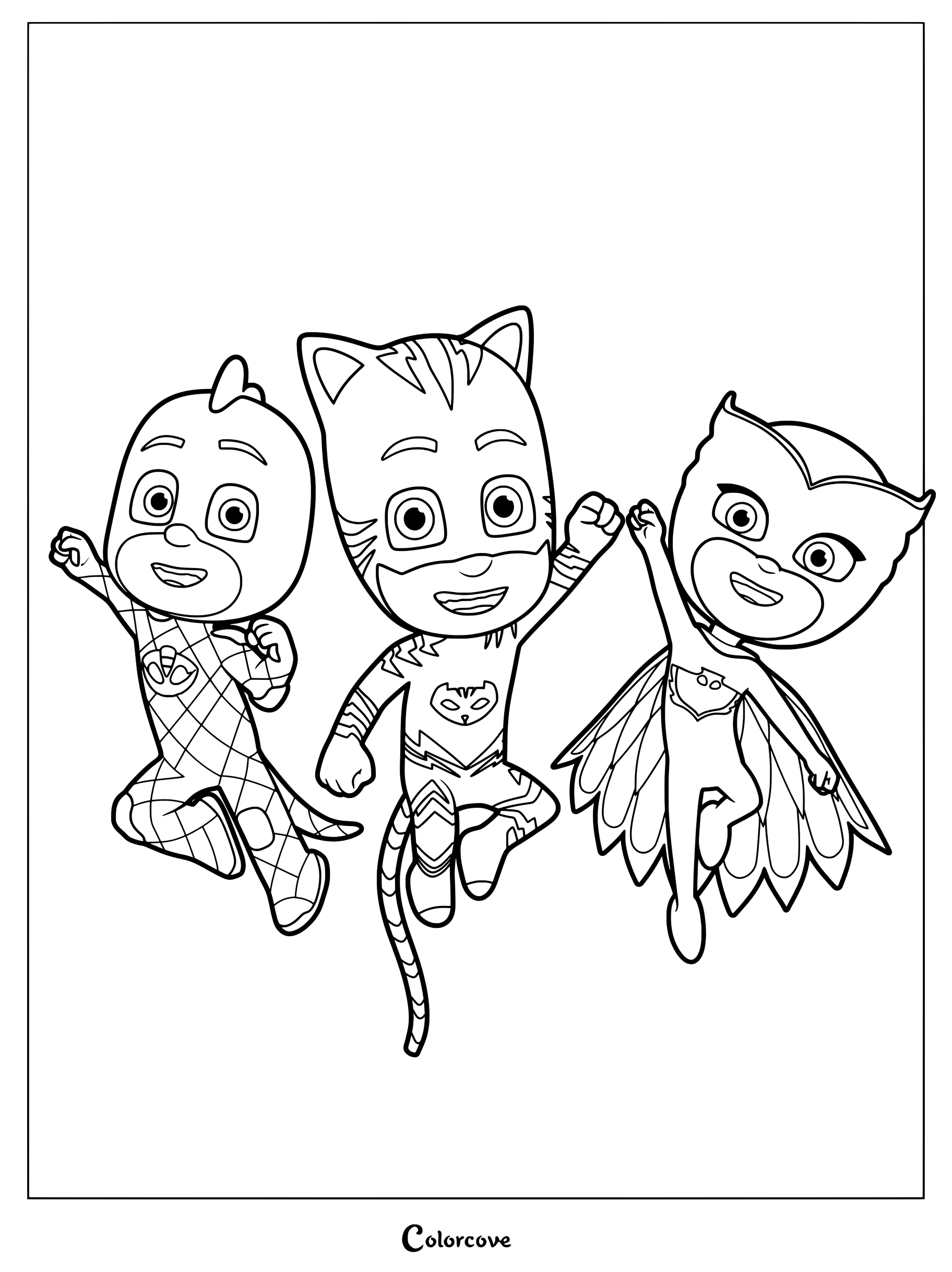 Gekko, Gatuno y Buhíta, los tres superhéroes principales de PJ Masks, en una lámina para colorear imprimible.