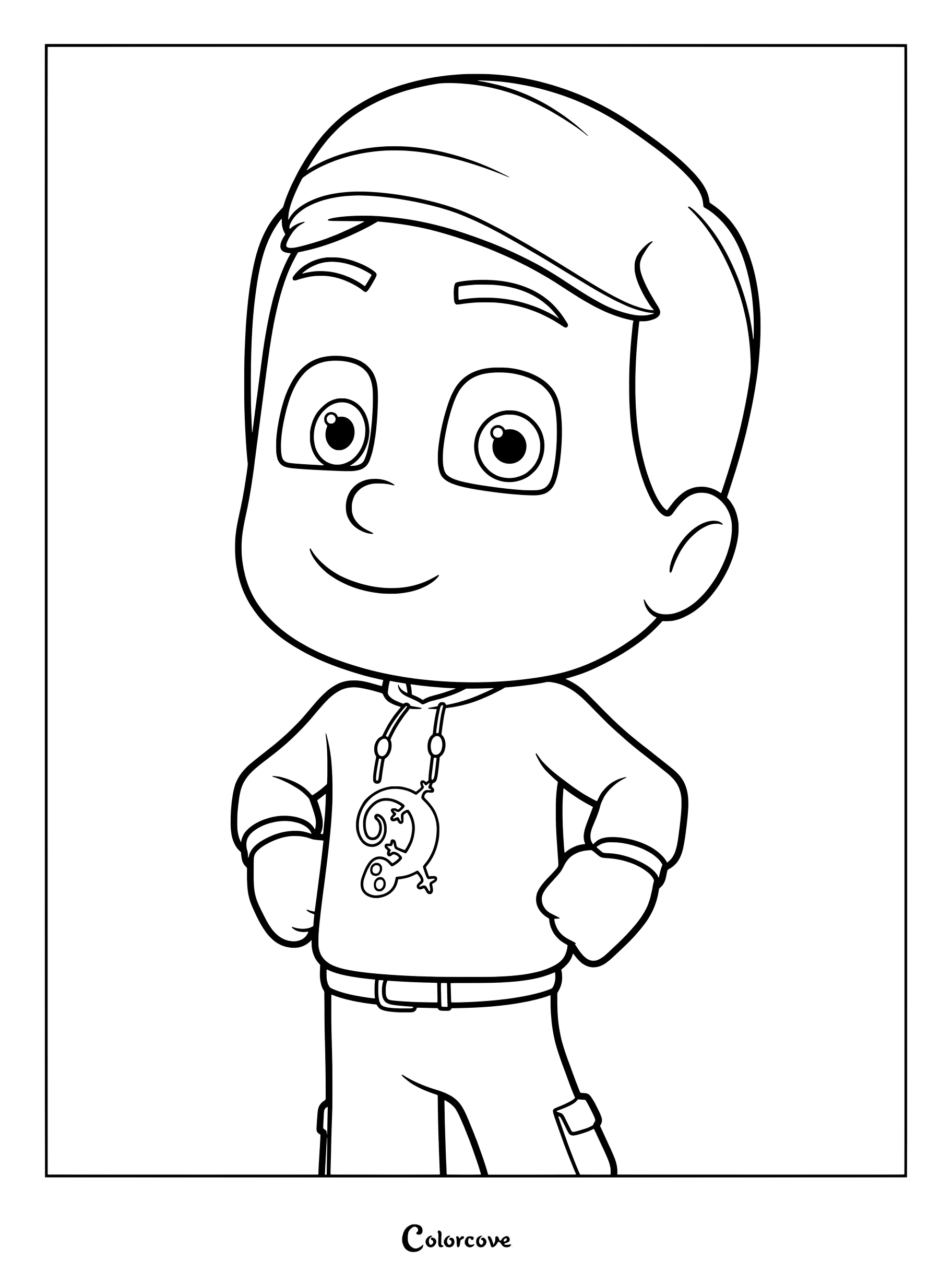 Lámina para colorear imprimible de Greg, la identidad humana de Gekko en la serie animada PJ Masks.