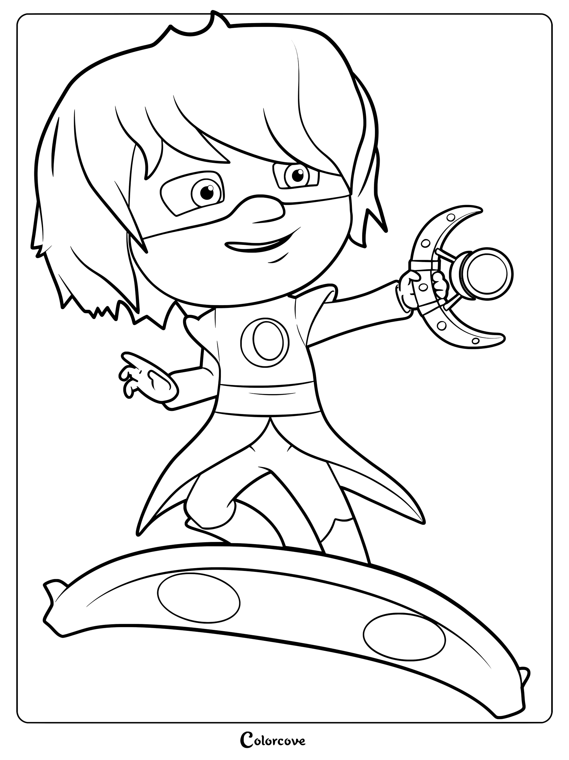 Dibujo para colorear de PJ Masks con Chica Luna montando en su Luna Board y sosteniendo un imán lunar