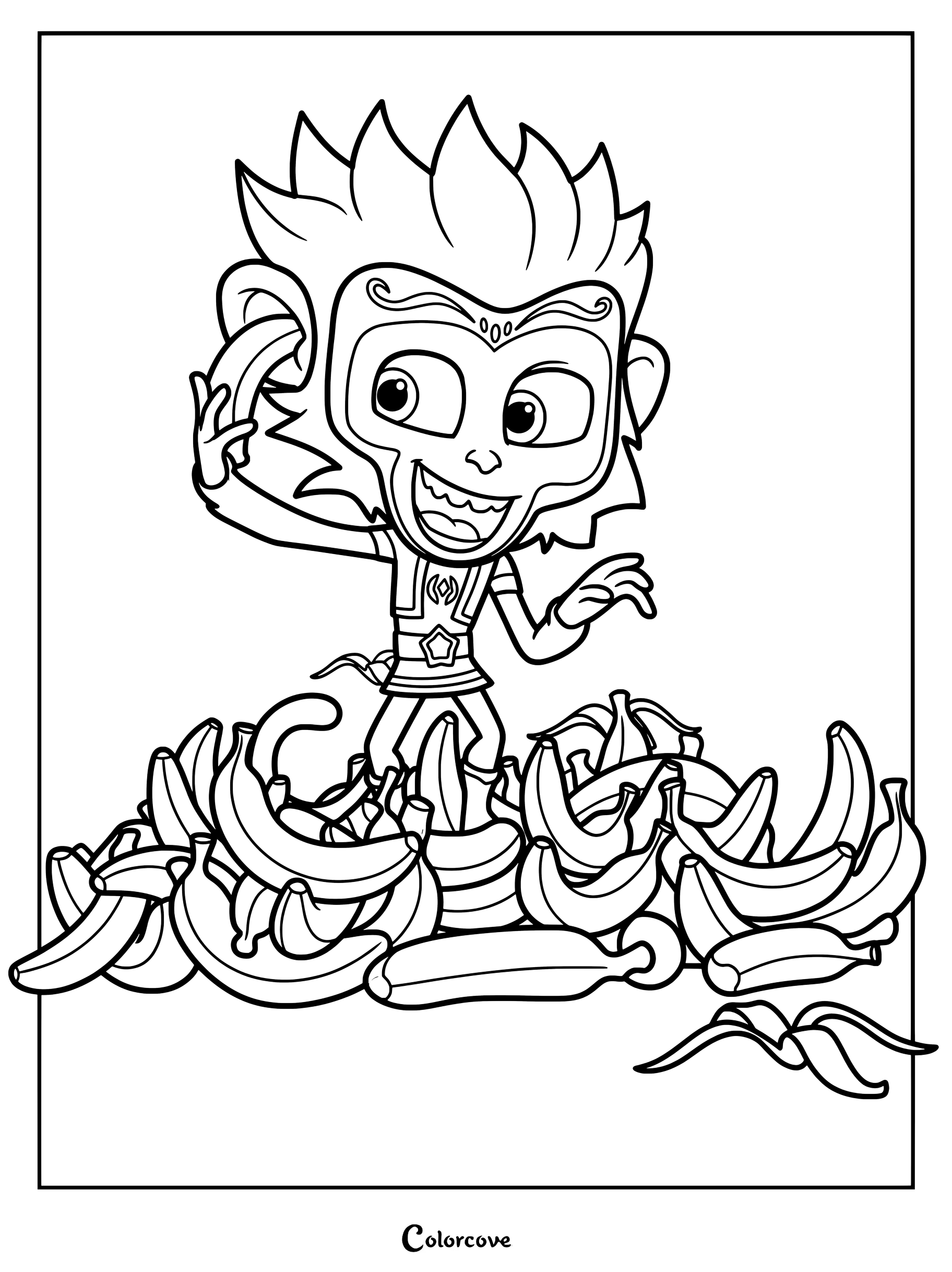 Munki-gu, el travieso mono de PJ Masks, de pie sobre una gran montaña de plátanos en este dibujo para colorear e imprimir