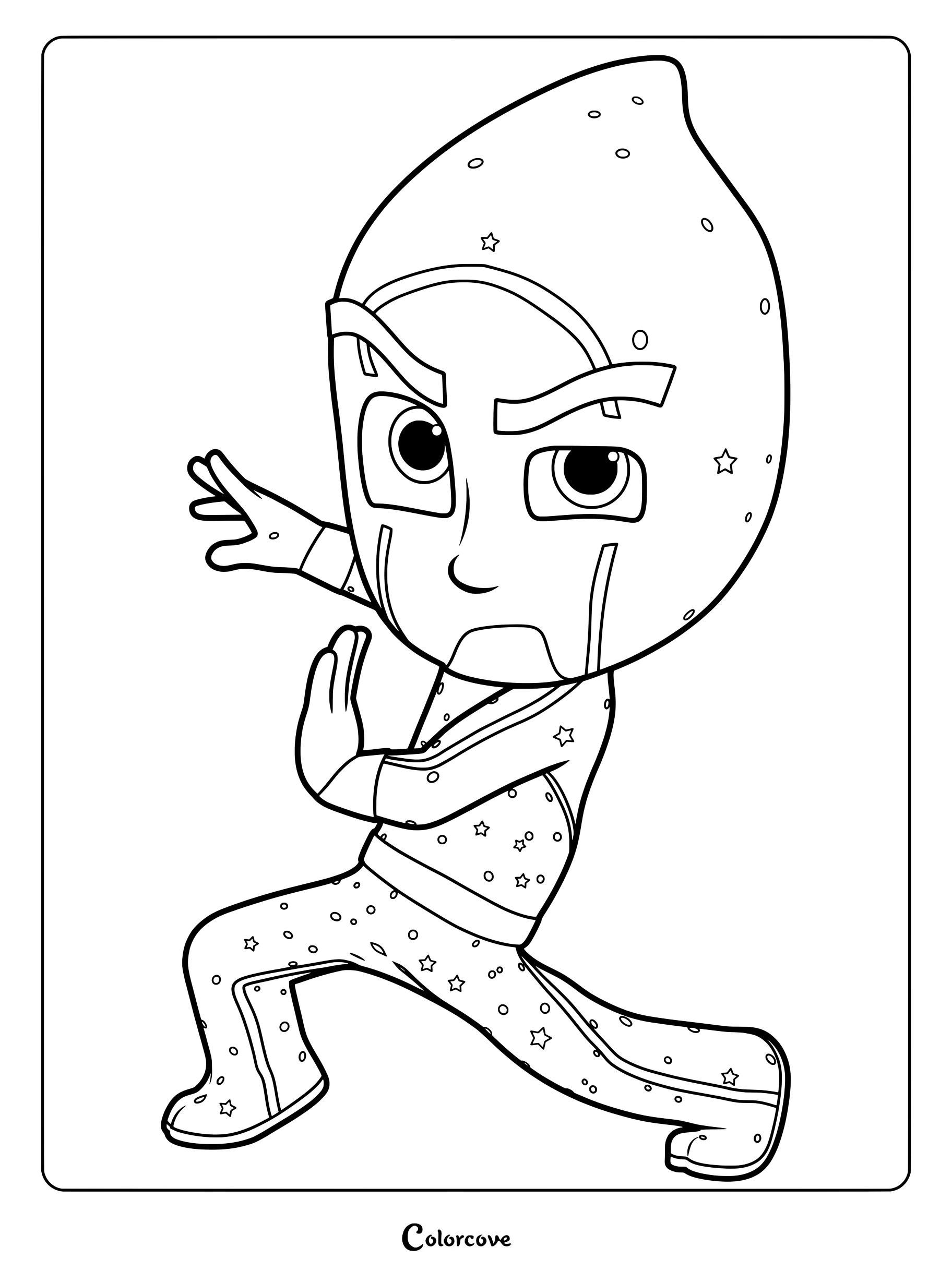 Dibujo para colorear del Ninja Nocturno, el personaje de animación de PJ Masks, en una postura dinámica de artes marciales
