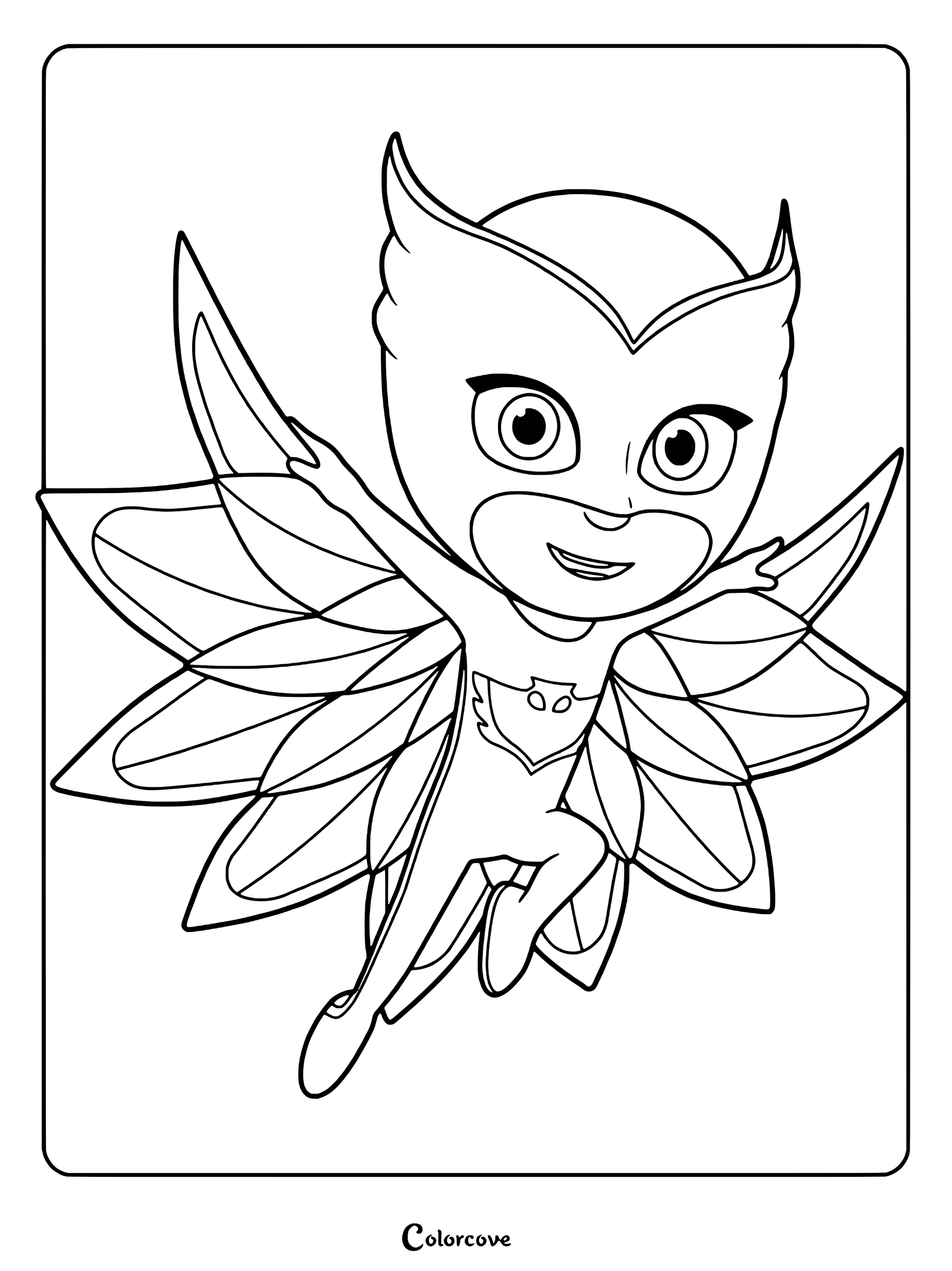 Dibujo para colorear de Buhíta volando con sus características alas de capa roja y rosa de la serie animada PJ Masks