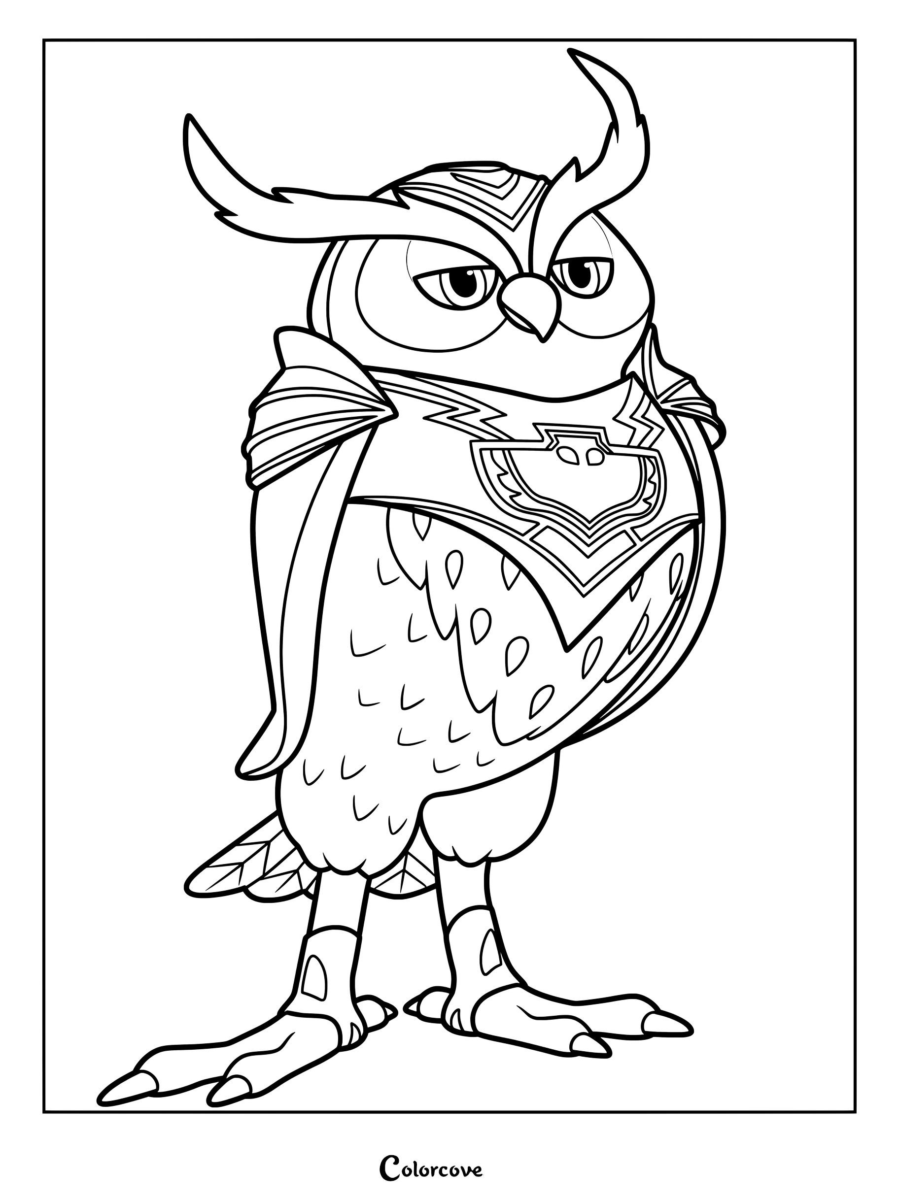 Personaje Búho Águila de PJ Masks de pie con armadura en un dibujo para colorear imprimible