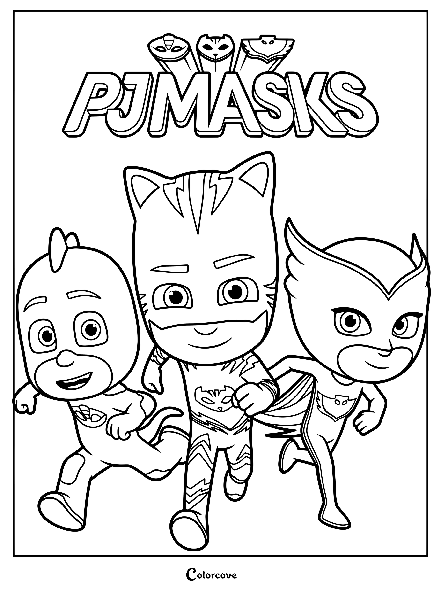 Dibujo para colorear de PJ Masks con Gekko, Gatuno y Buhíta corriendo juntos.