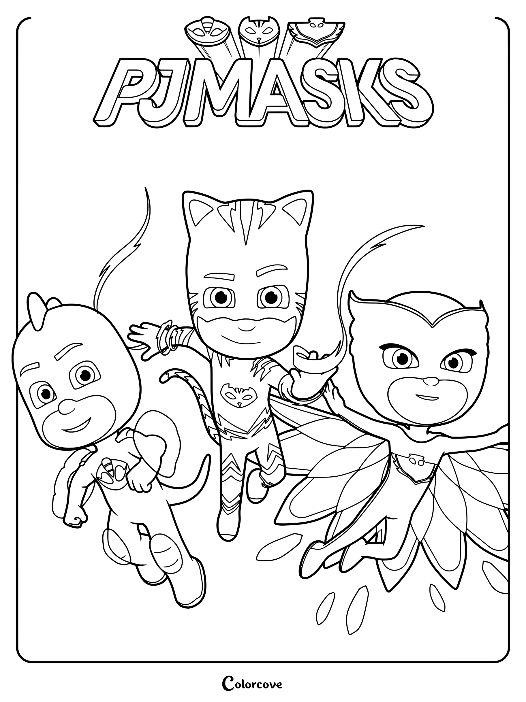 Dibujo para colorear con el logotipo de la serie animada de televisión y los personajes principales de PJ Masks.