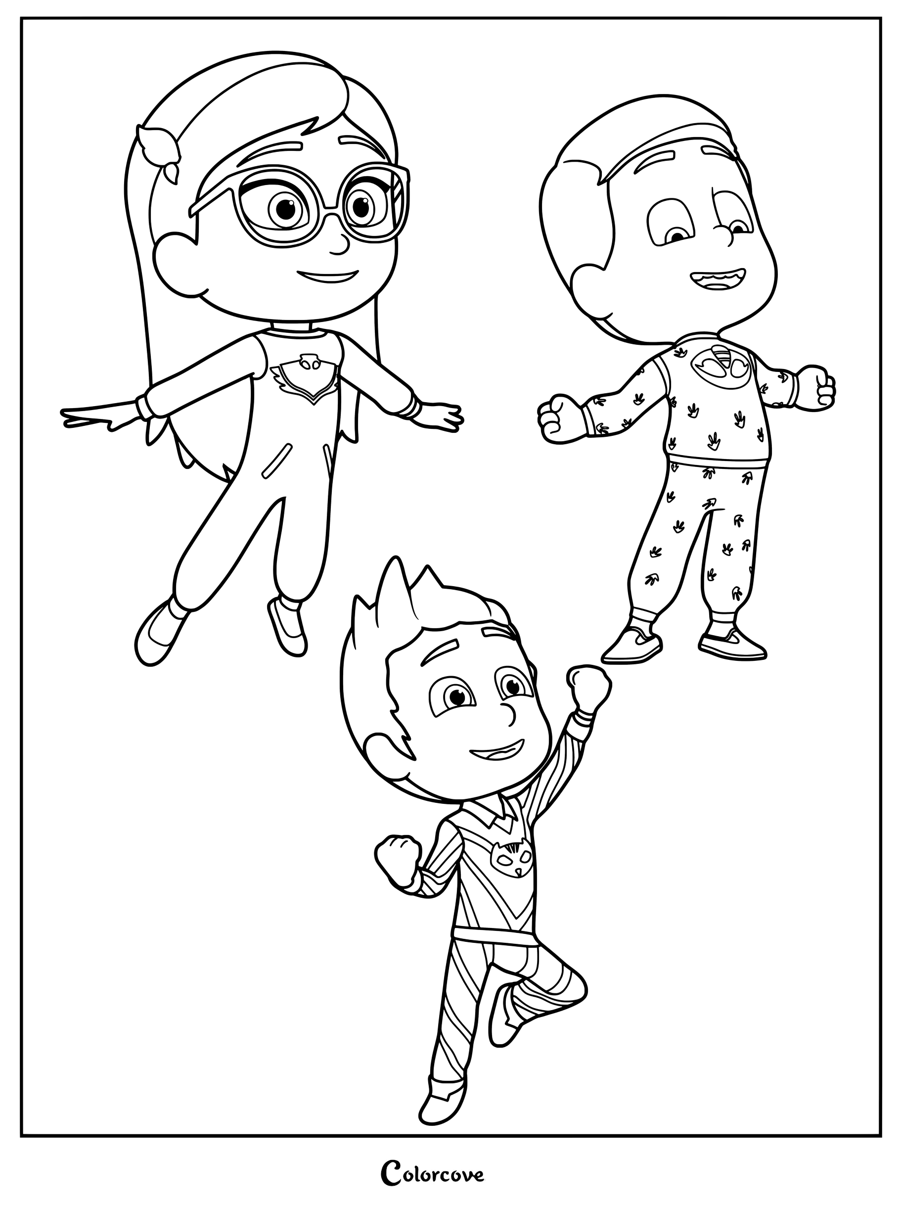 Dibujo para colorear de PJ Masks con Amaya, Greg y Connor en sus pijamas de día.