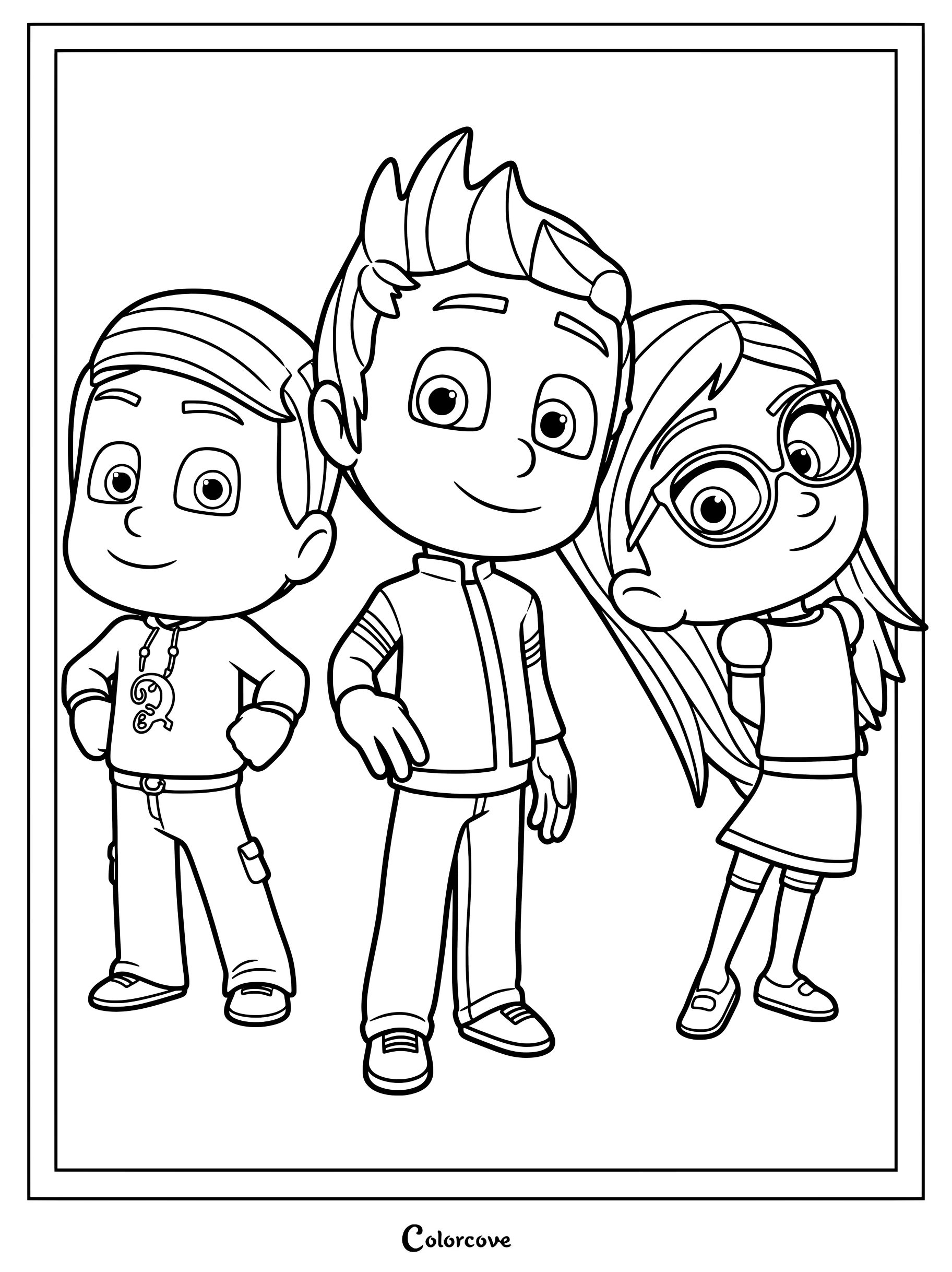 Dibujo para colorear de Amaya, Greg y Connor de PJ Masks con sus pijamas de día habituales.