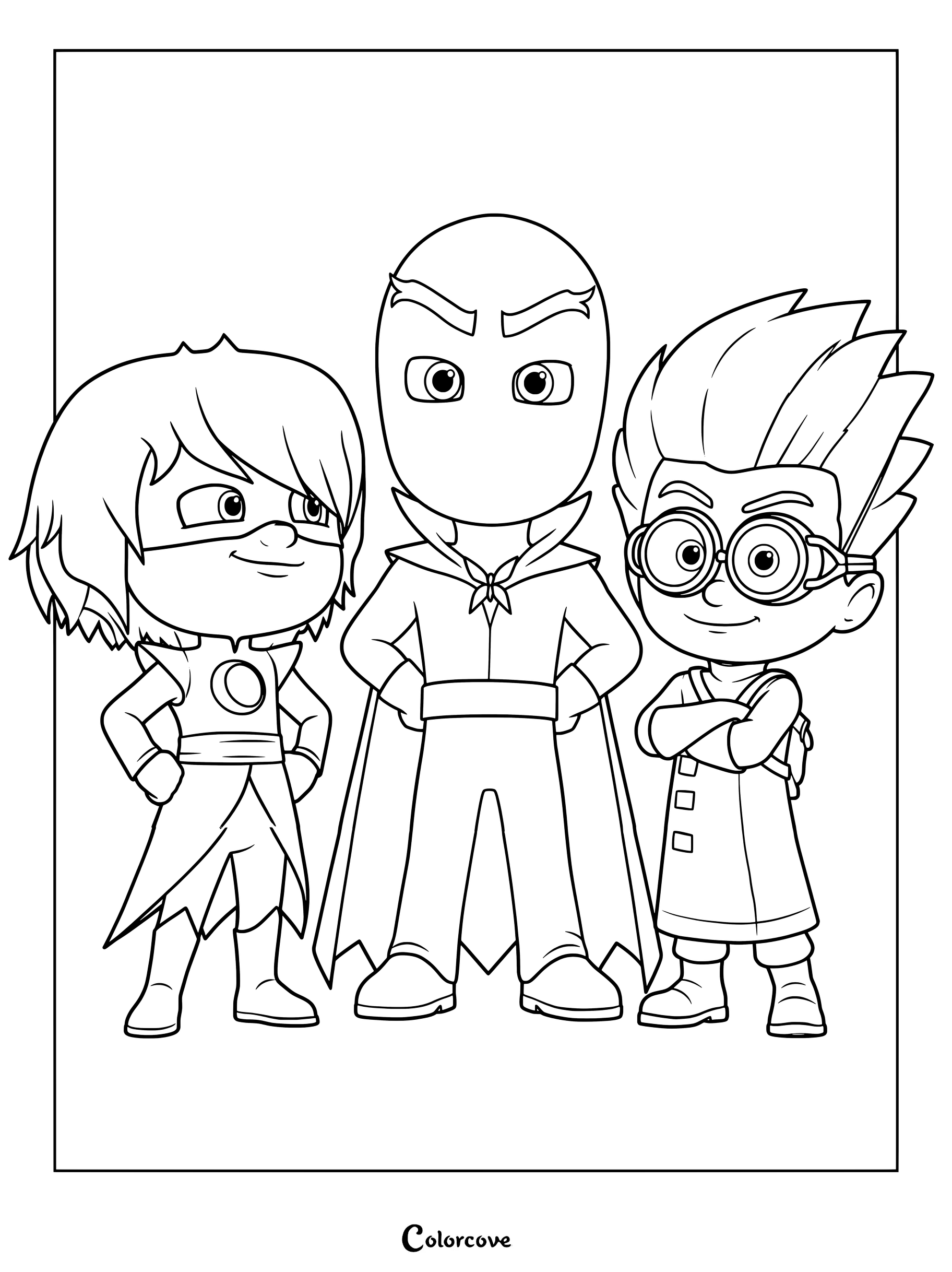 Dibujo para colorear de PJ Masks con Chica Luna a la izquierda, Romeo en el centro y el Ninja Nocturno a la derecha