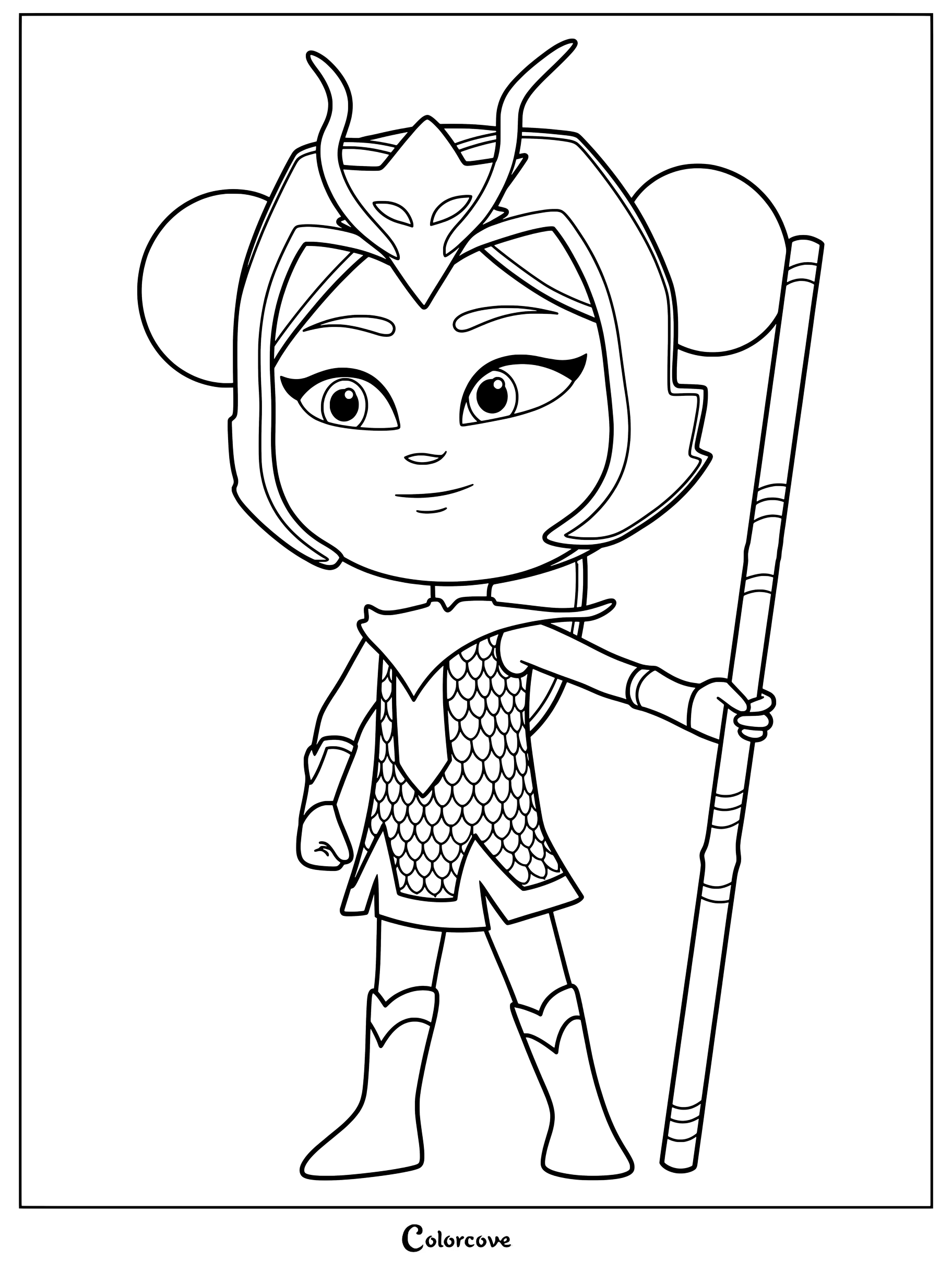 An Yu, también conocida como la Chica Dragón, de PJ Masks sosteniendo su bastón en este detallado dibujo para colorear e imprimir