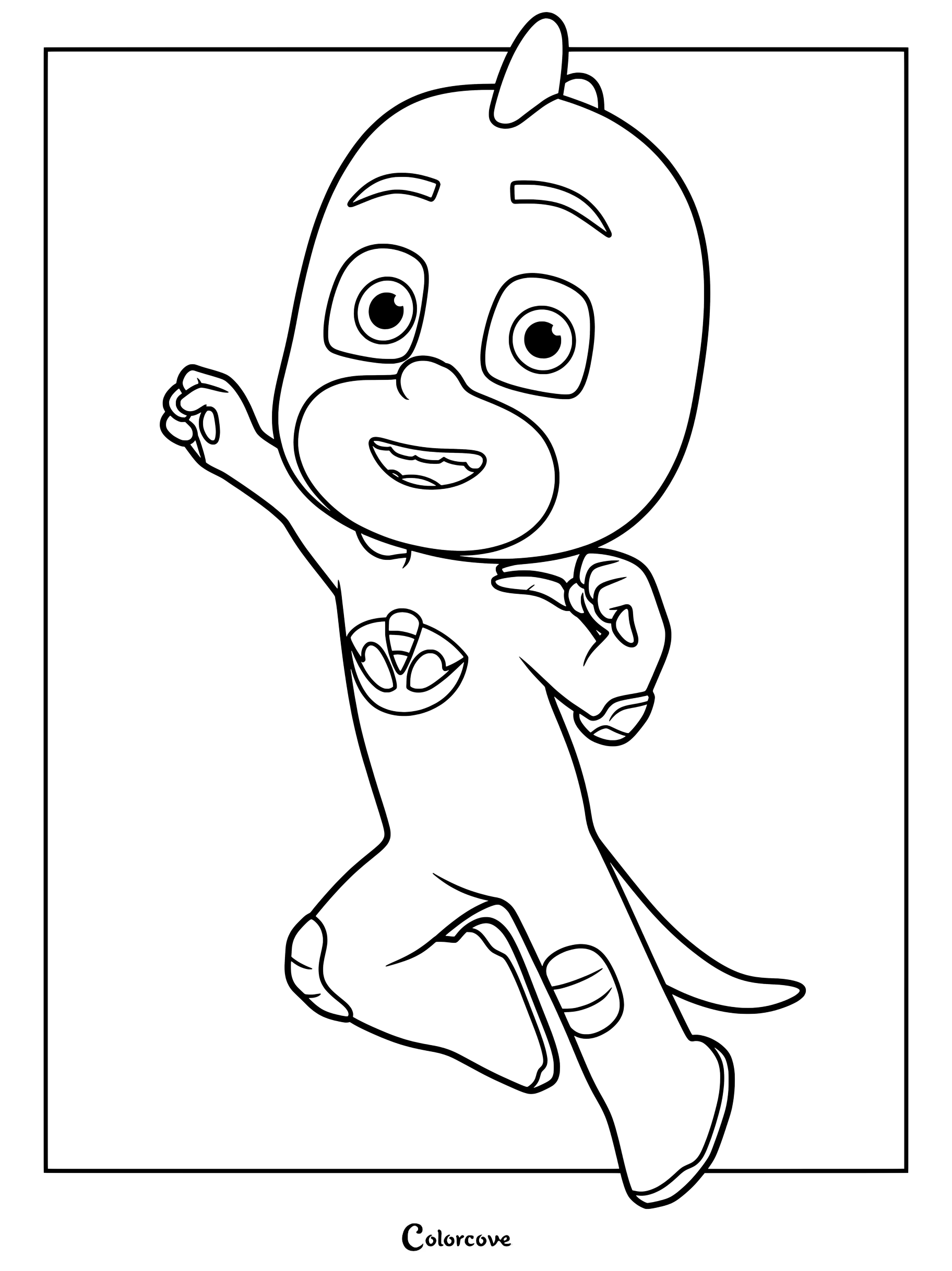 Gekko saltando y realizando una pose dinámica en este dibujo para colorear e imprimir de PJ Masks