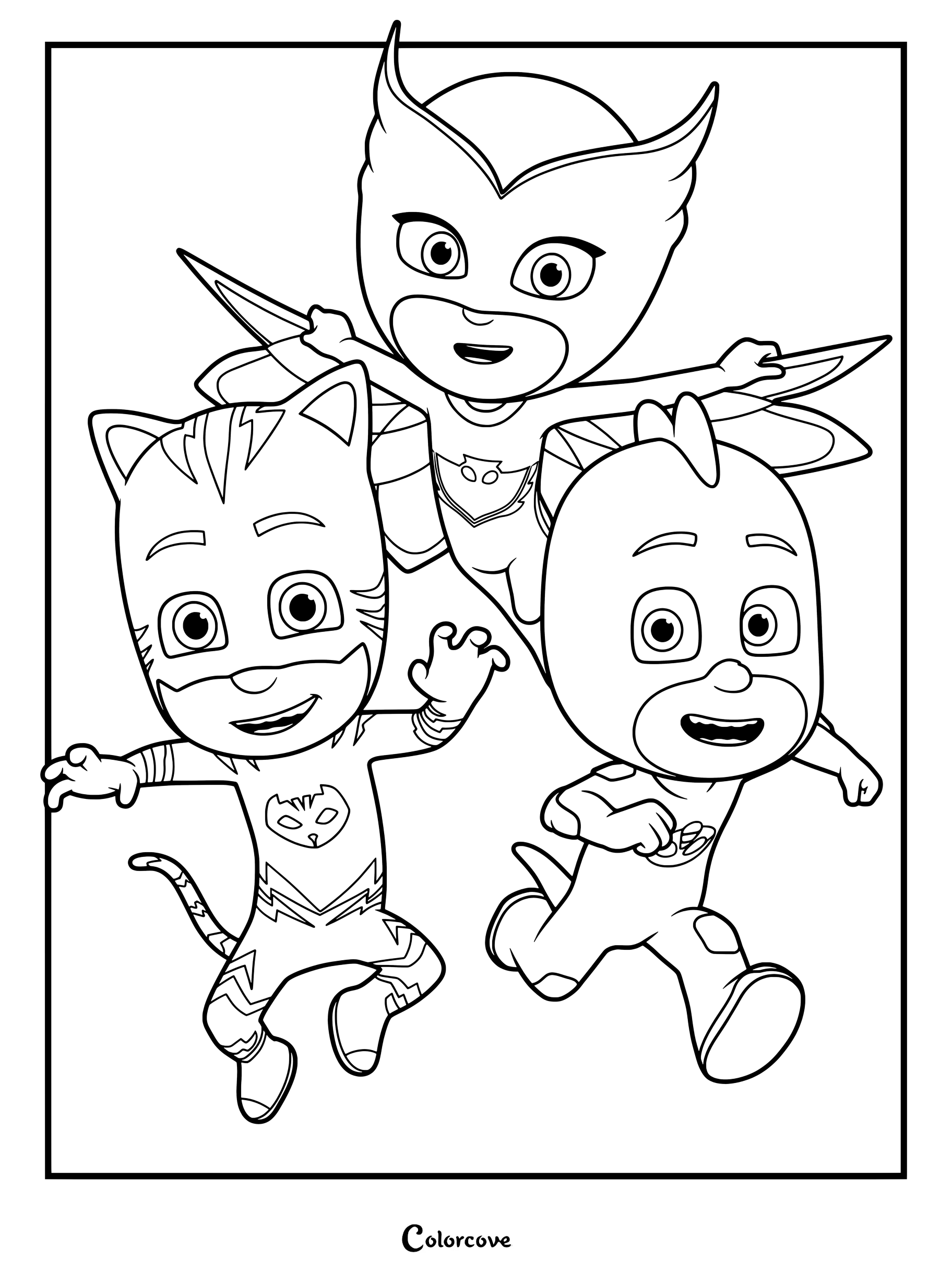 Dibujo para colorear imprimible de PJ Masks que muestra a los tres superhéroes principales de la serie animada de televisión infantil.