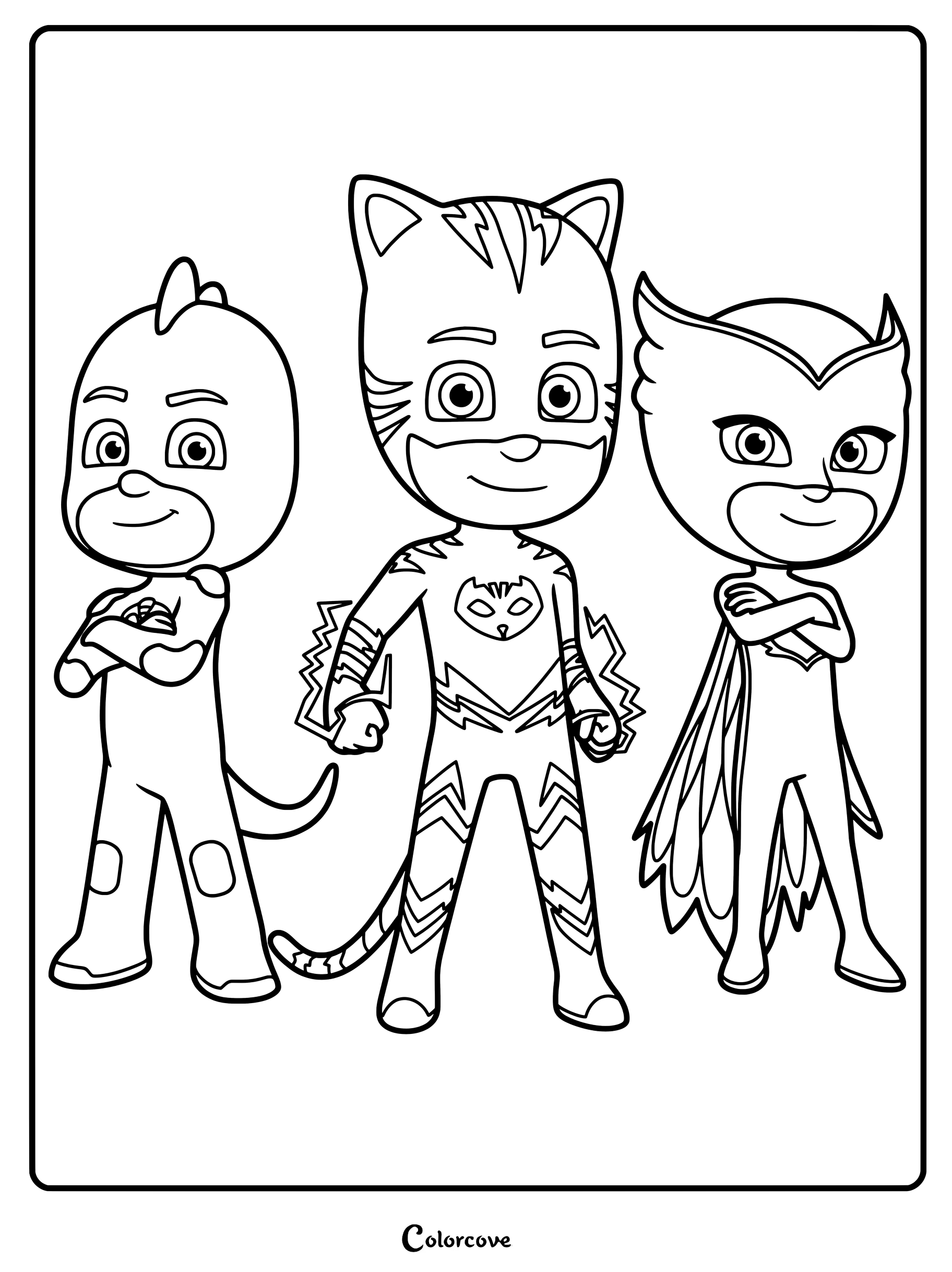 Dibujo para colorear de PJ Masks con Gekko a la izquierda con traje verde con cola, Gatuno en el centro con traje azul de gato y Buhíta a la derecha con disfraz rojo de búho.
