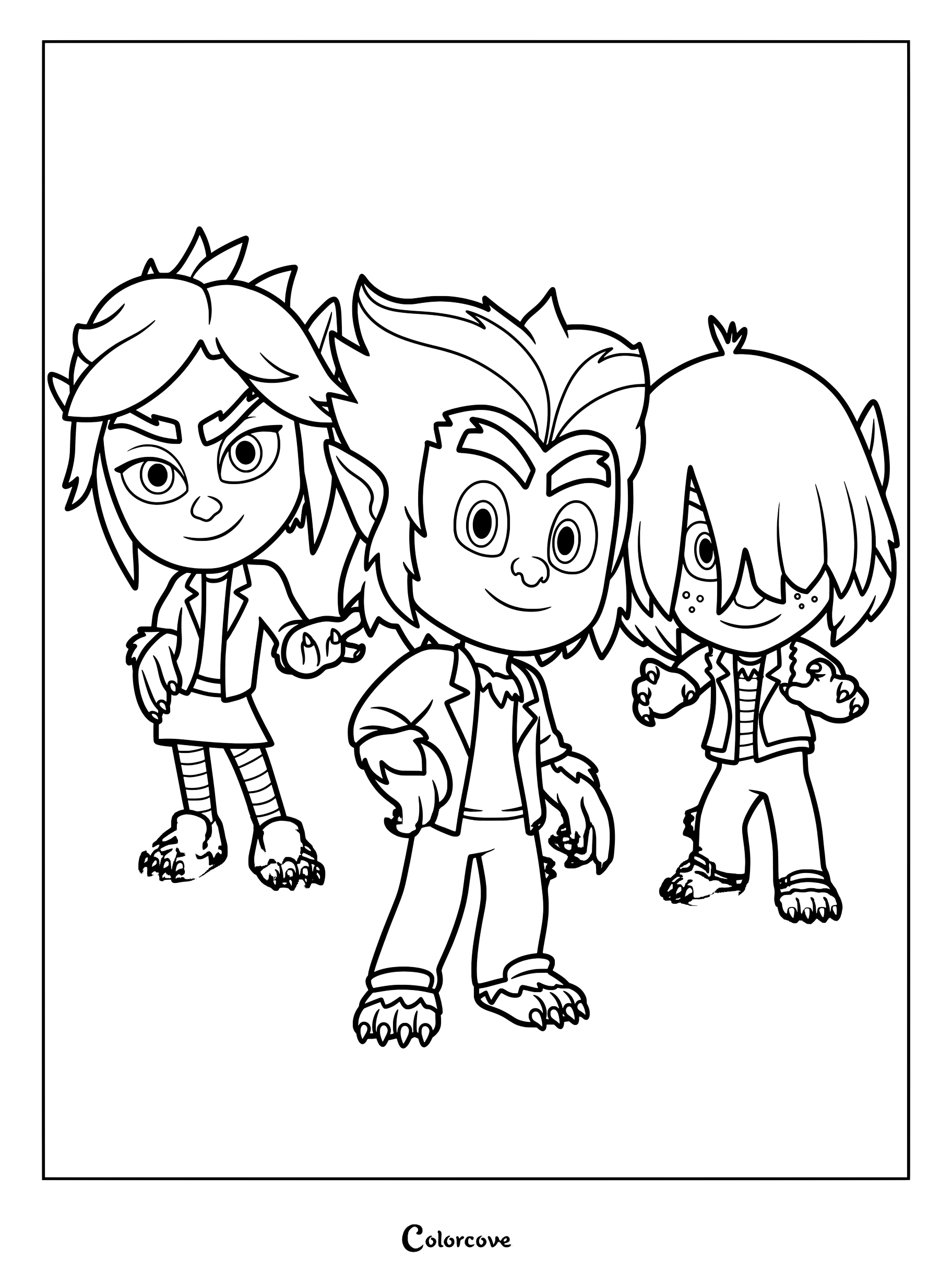 Dibujo para colorear de PJ Masks con los personajes de los Niños Lobo Vlad, Rip y Kevin juntos