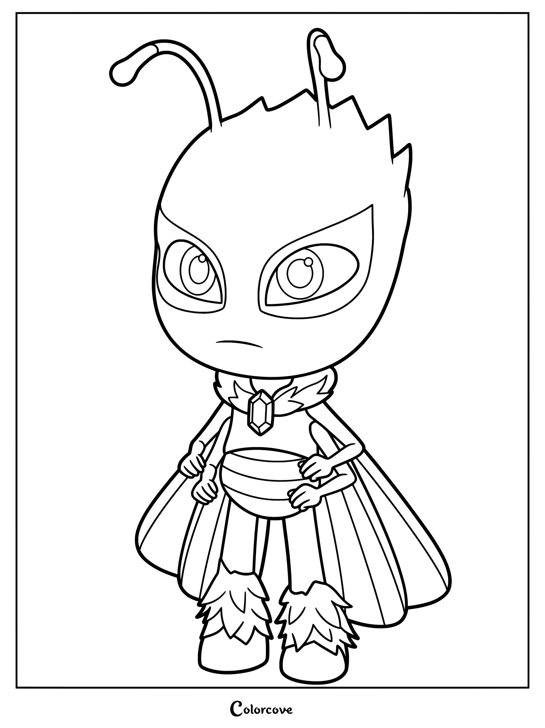Dibujo para colorear de Motsuki de PJ Masks que muestra a la villana polilla con cuatro brazos y una capa de cristal