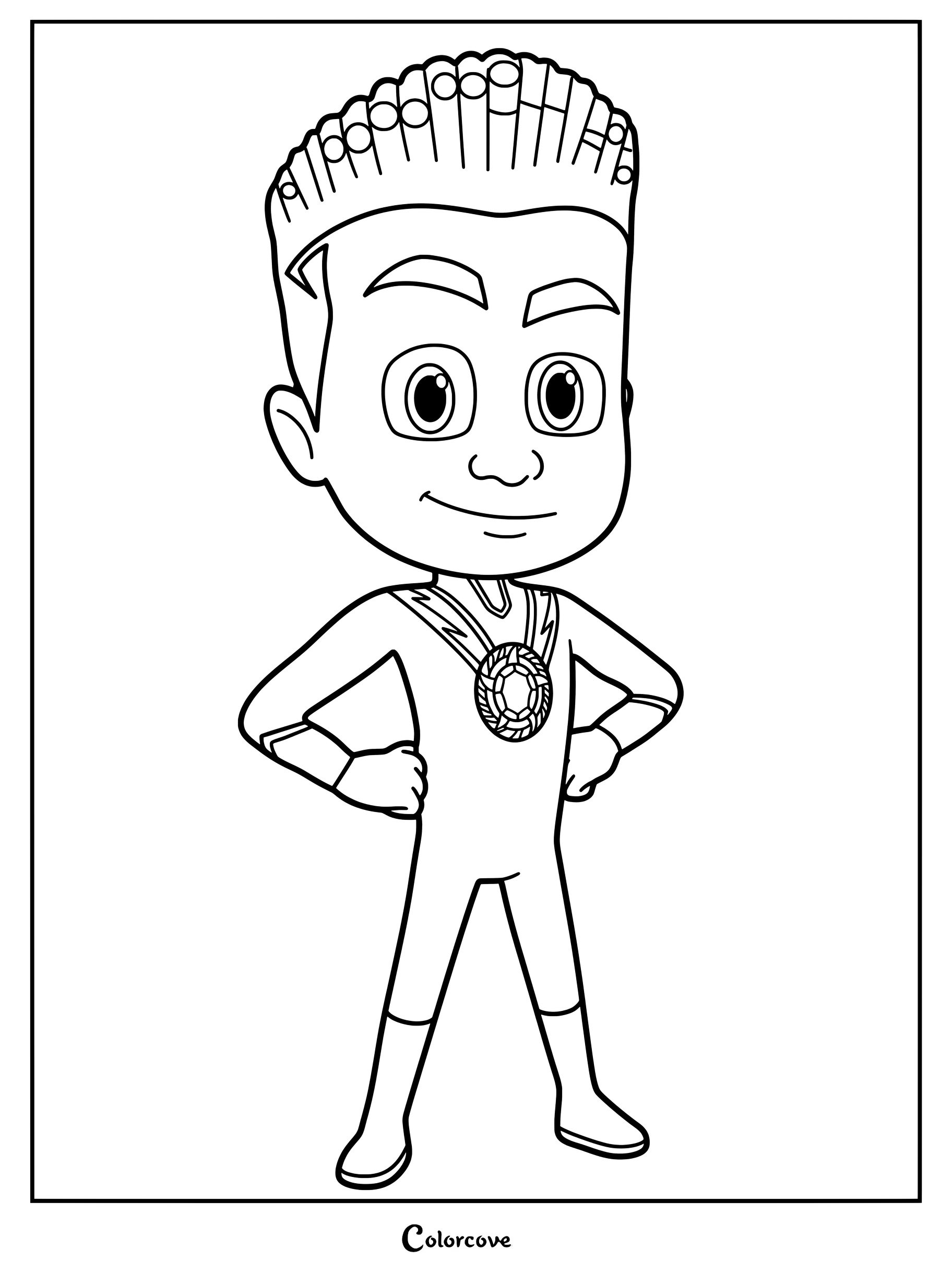 Newton Star posando heroicamente con las manos en las caderas en este dibujo para colorear de PJ Masks