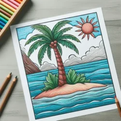 Coloring page featuring a tropical island with a palm tree, surrounded by blue ocean waves, bright sun, and partly cloudy sky.