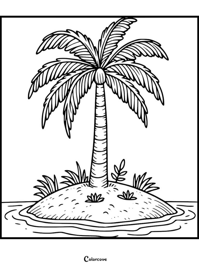 Palm Tree Coloring Pages Free Printable 1 featuring a single palm tree on a small island