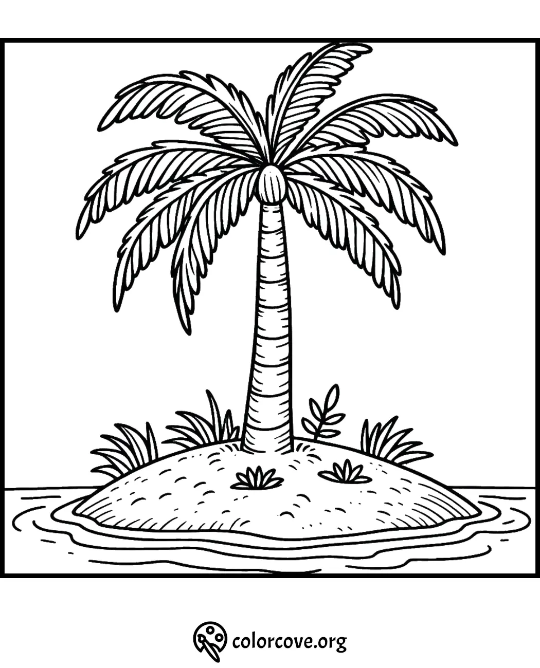 Coloring page of a tropical island scene with a large palm tree, small plants, and calm surrounding waters.