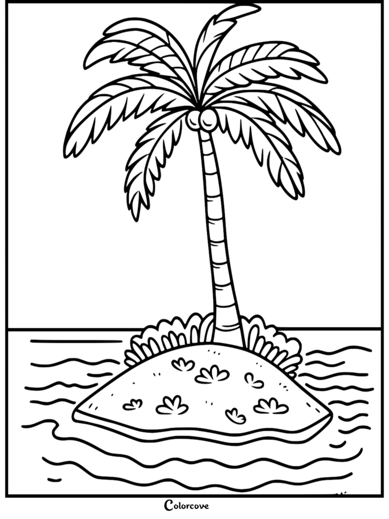 A relaxing palm tree coloring page showing a tropical island with a palm tree surrounded by calm ocean waves.