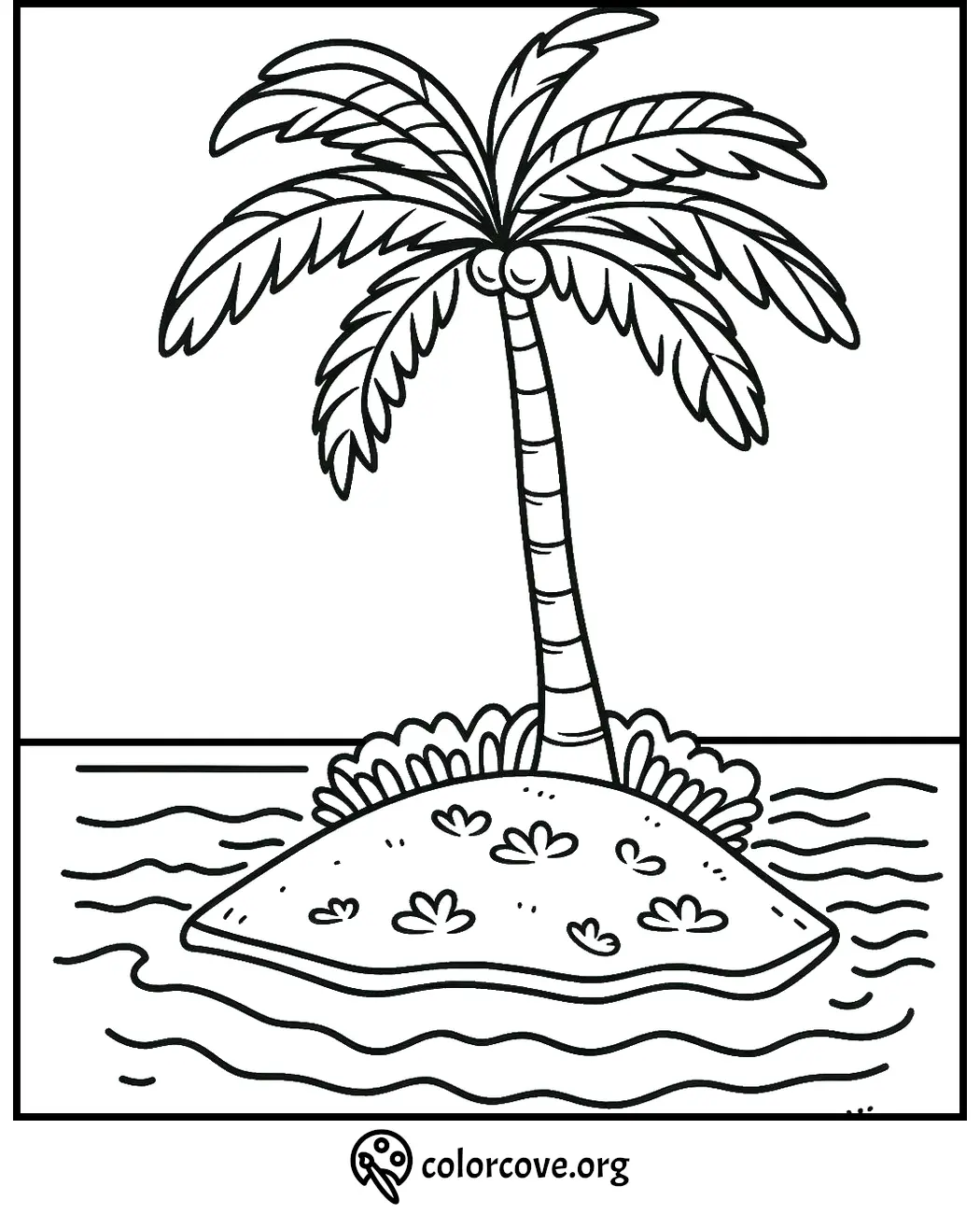 Coloring page featuring a tropical island with a palm tree surrounded by water. Perfect for kids' activities.