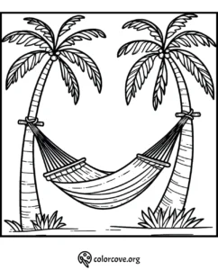 Hammock coloring page between two palm trees - ColorCove.org, beach relaxation, summer fun, printable activity for kids.