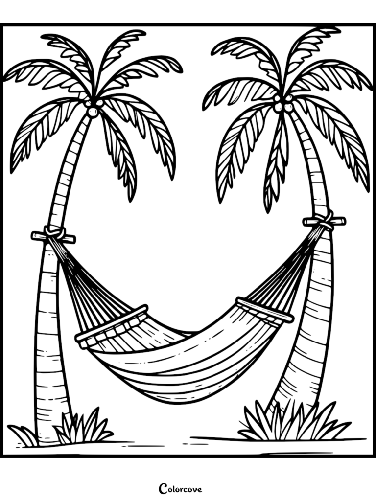 Relaxing palm tree coloring page featuring a hammock tied between two palm trees