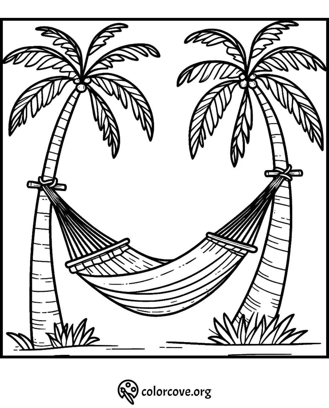 Hammock coloring page between two palm trees - ColorCove.org, beach relaxation, summer fun, printable activity for kids.