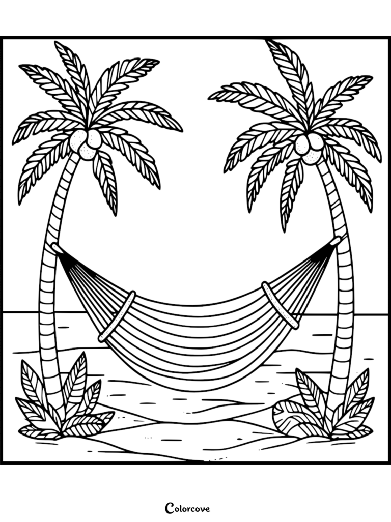 Relaxing Palm Tree coloring page free printable 12 featuring a hammock tied between two palm trees on a beach