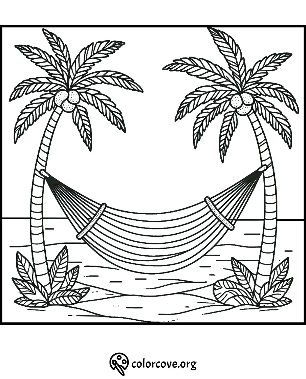 Coloring page featuring a hammock between two palm trees on a beach with ocean waves in the background.