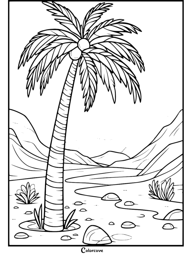 Palm Tree Coloring Pages Free Printable 13 featuring a relaxing palm tree scene with mountains and rocks