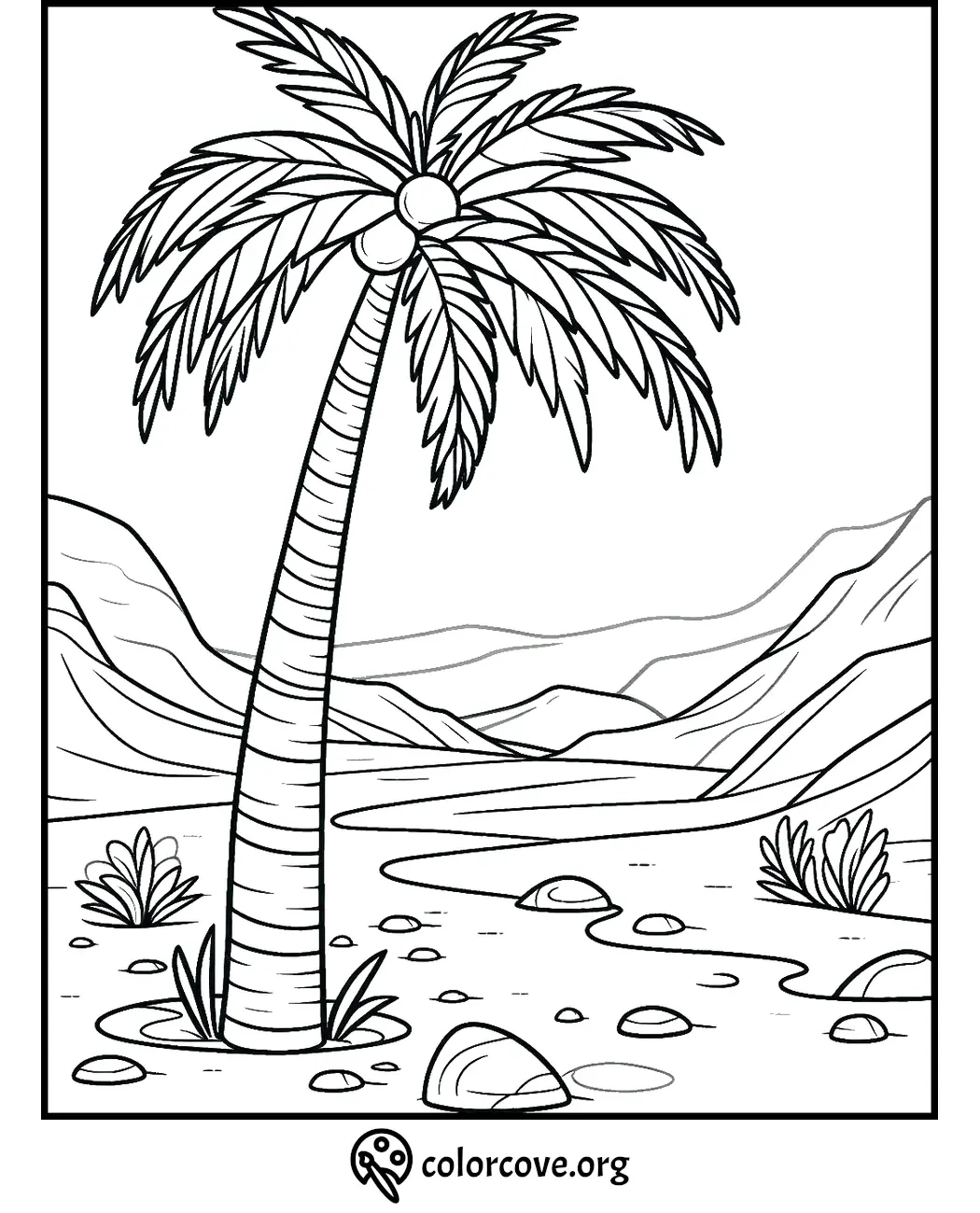 Palm tree by a river in a valley coloring page - tropical landscape printable from colorcove.org