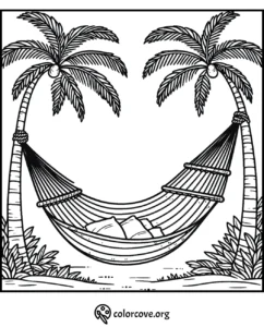 Coloring page of a hammock tied between two palm trees, perfect for tropical beach relaxation themed coloring.