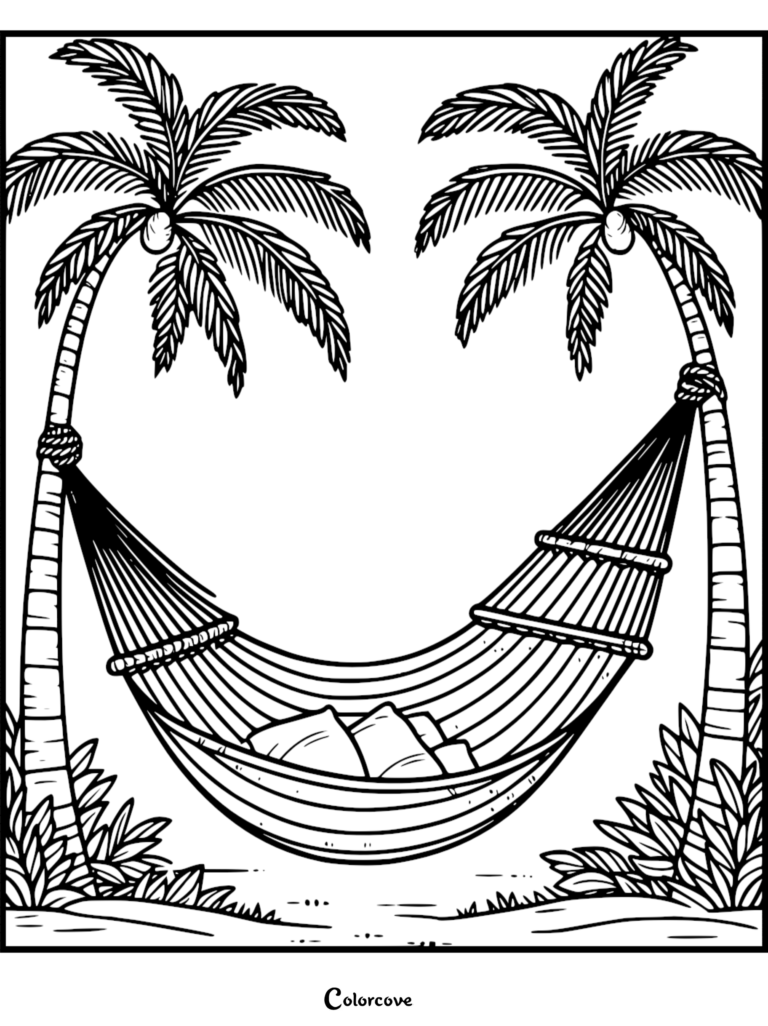 Free printable palm tree coloring page featuring a hammock tied between two trees on a tropical beach.