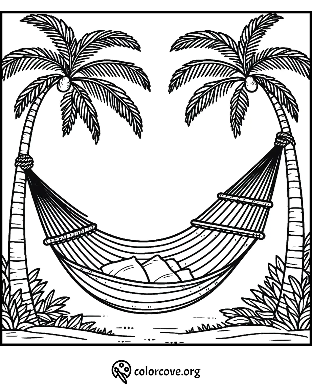 Coloring page of a hammock tied between two palm trees, perfect for tropical beach relaxation themed coloring.