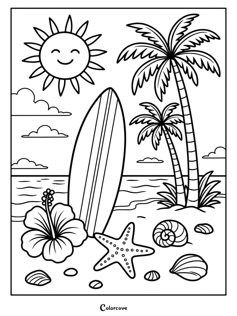 Palm Tree beach scene coloring page featuring a surfboard, smiling sun, hibiscus flower, and seashells.